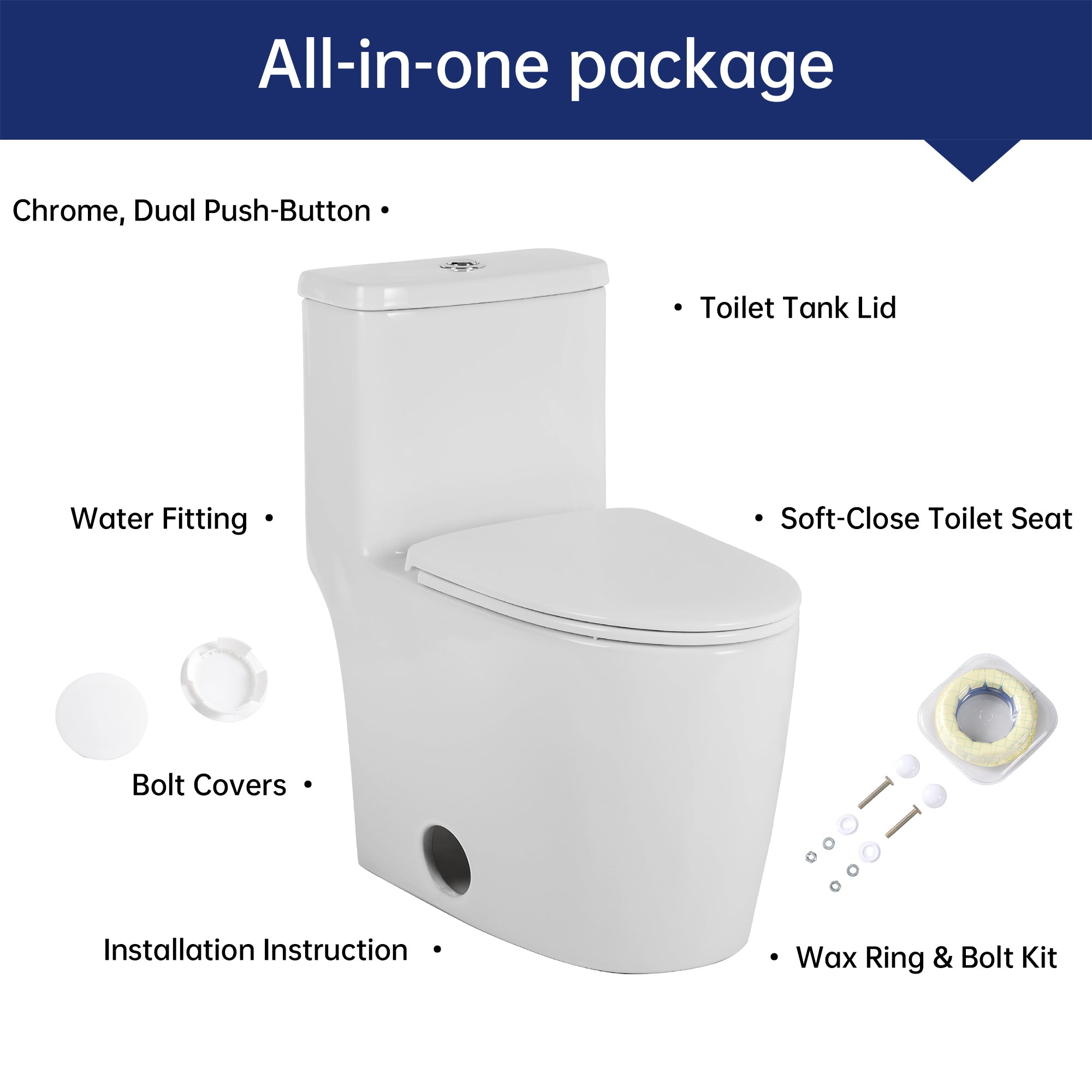 1.1/1.6 GPF Elongated Comfort Height Floor Mounted One-Piece Toilet ,  CUPC Certified, WaterSense Cetified, Ceramic, White Color, Soft Close Seat, T036WT