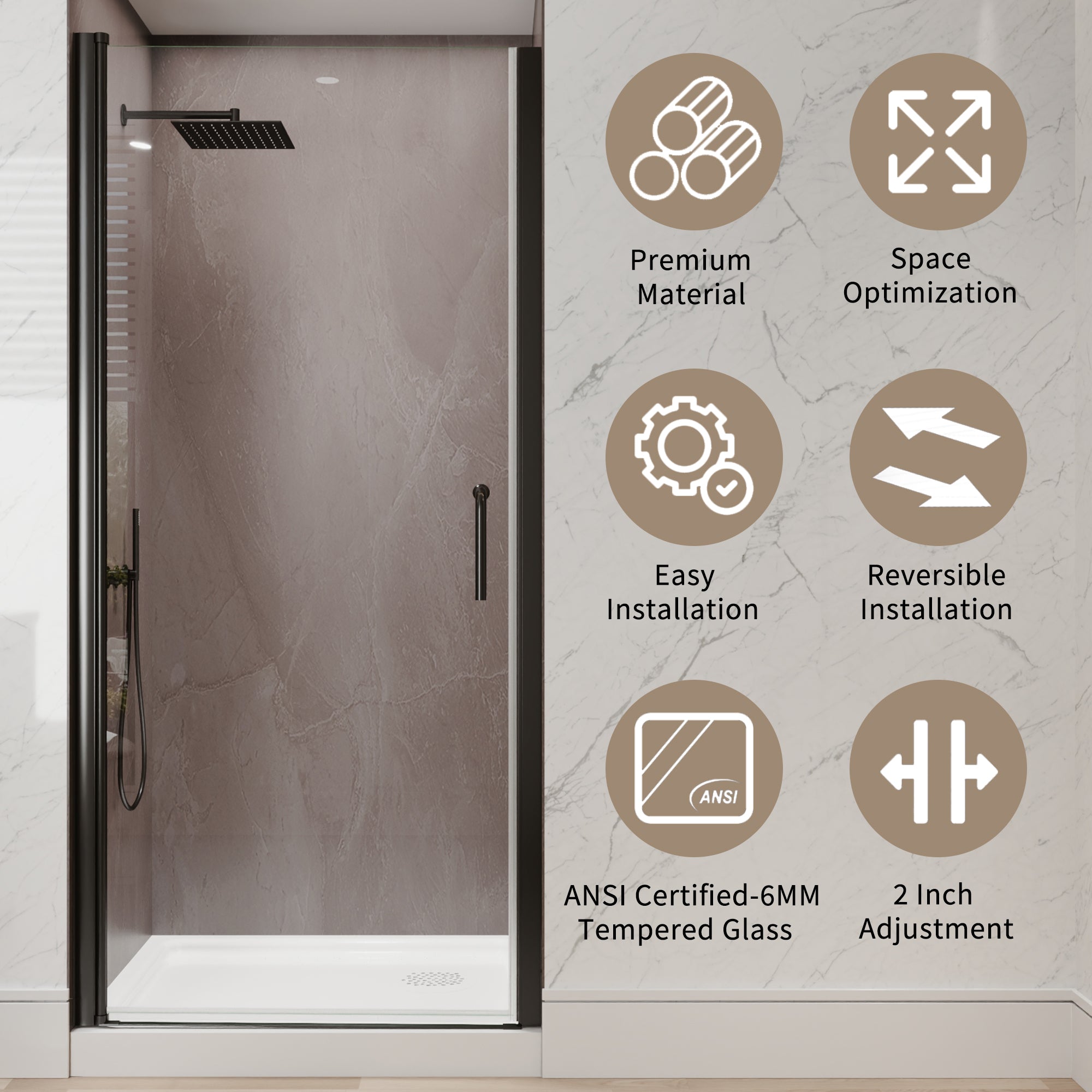 34-36 x 72 in pivot shower door side view
