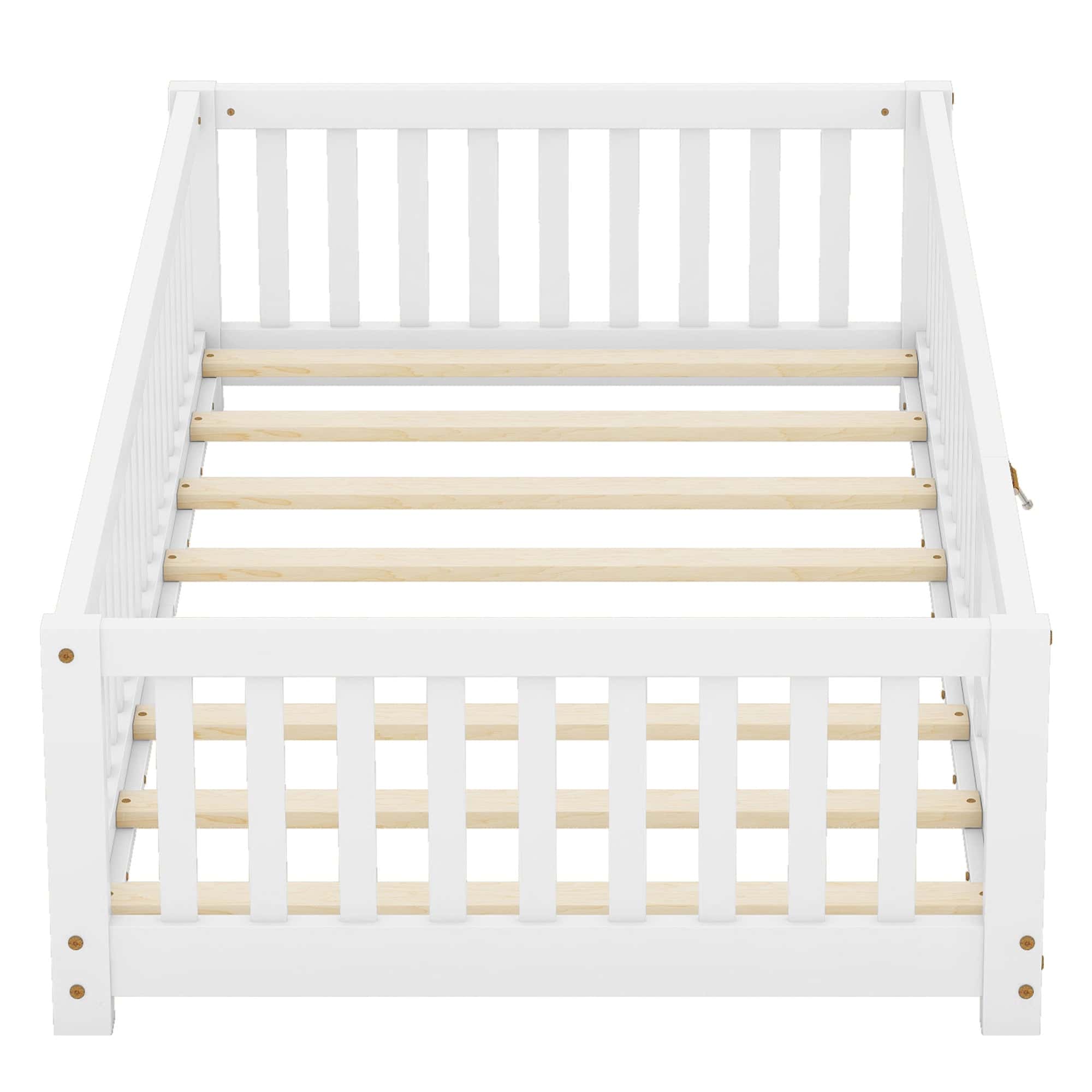 Twin Size Bed Floor Bed with Safety Guardrails and Door for Kids, White(Old SKU:W158090683)