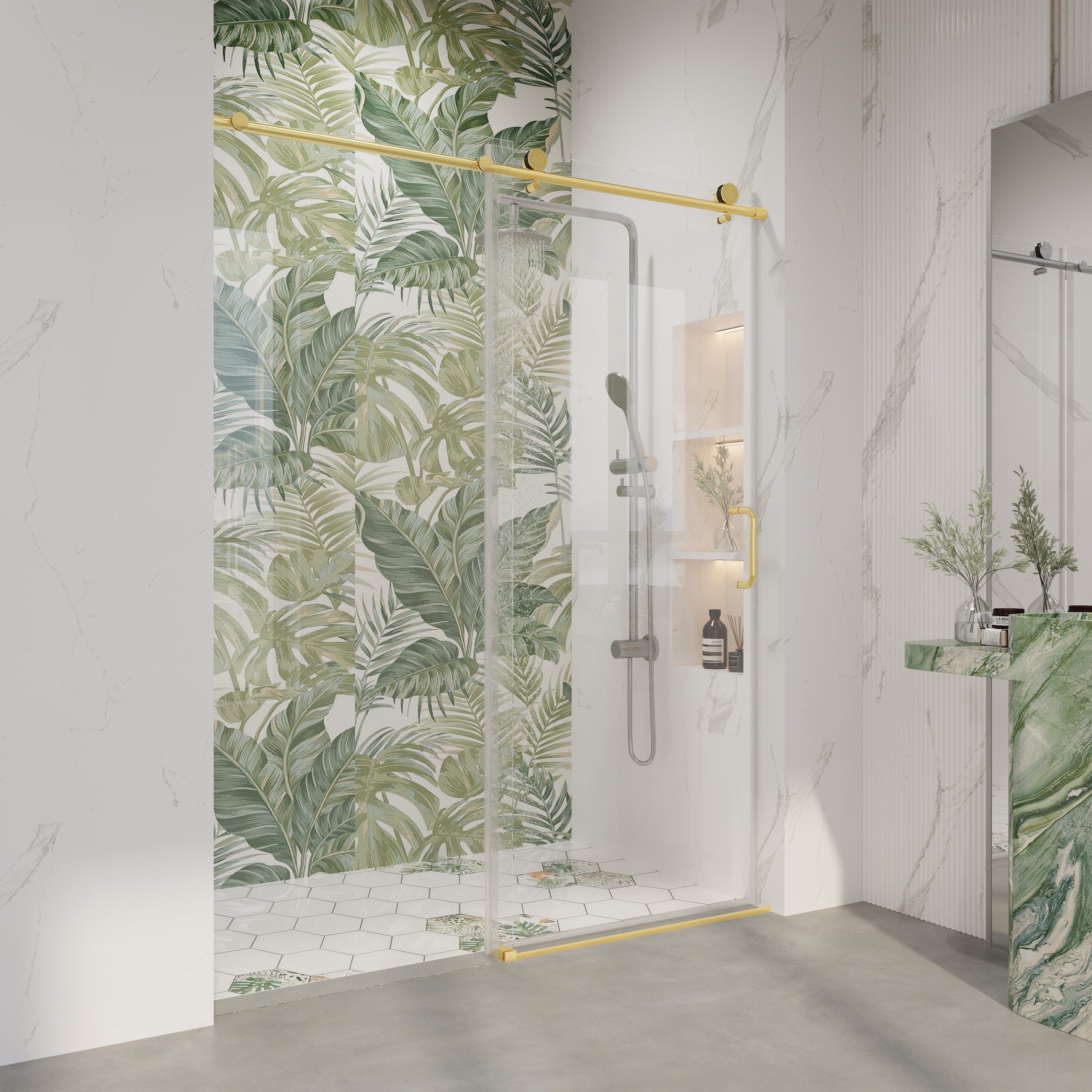 56-60 x 76 in Frameless Sliding Shower Door showing glass door detail