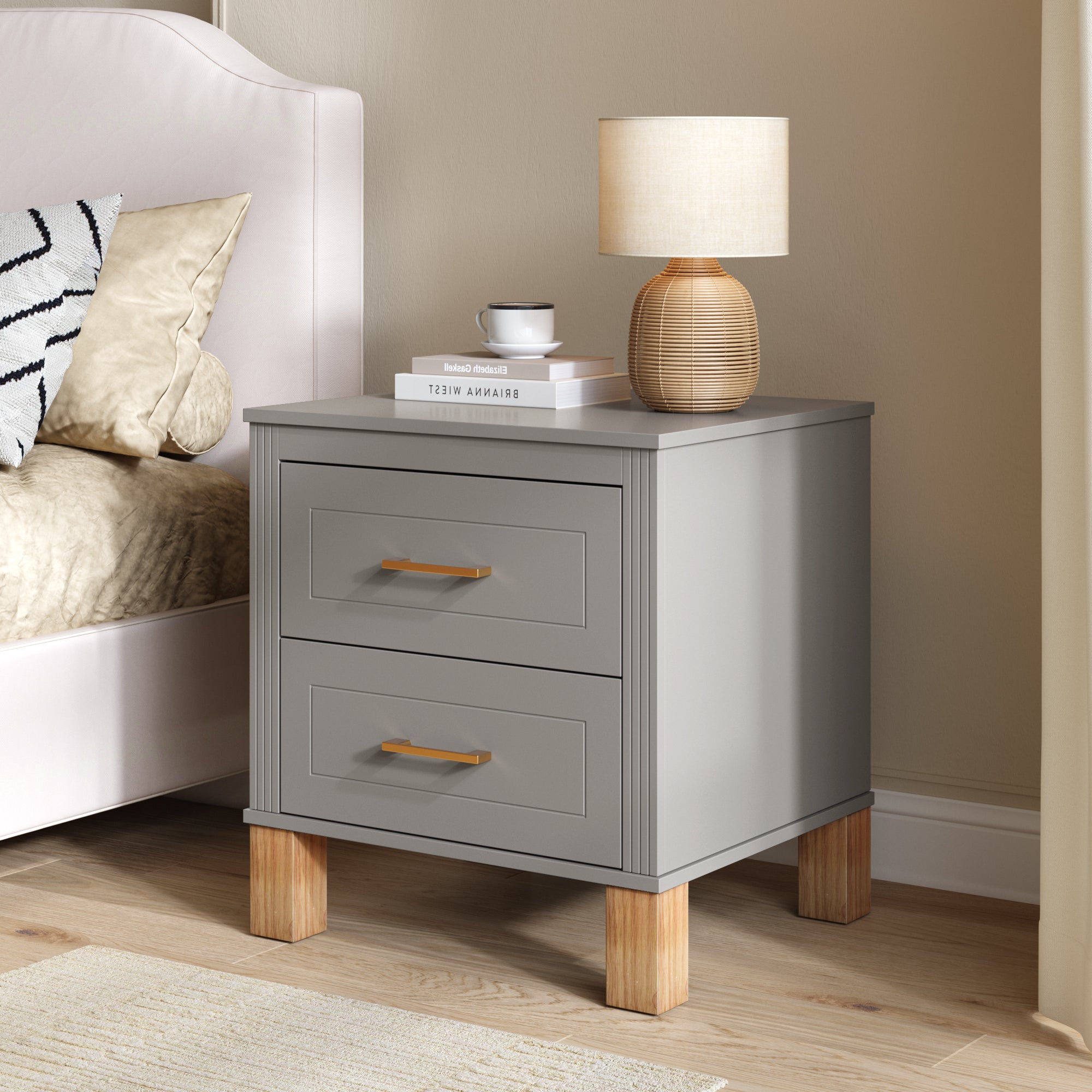 Gray 2-drawer bedside table side profile view