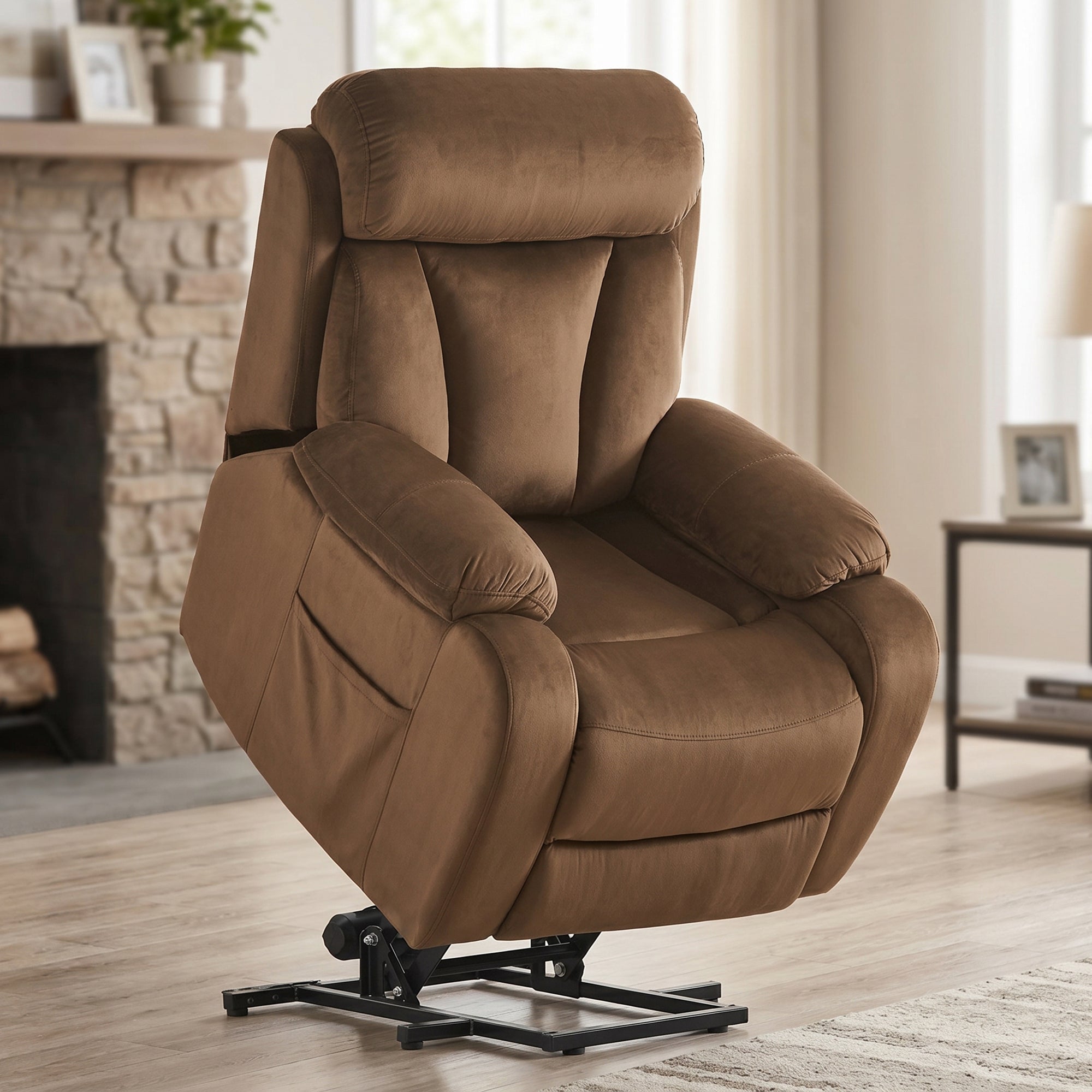 Brown cashmere fabric power lift recliner chair, front view