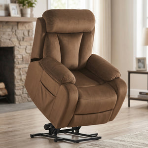 Brown cashmere fabric power lift recliner chair, front view