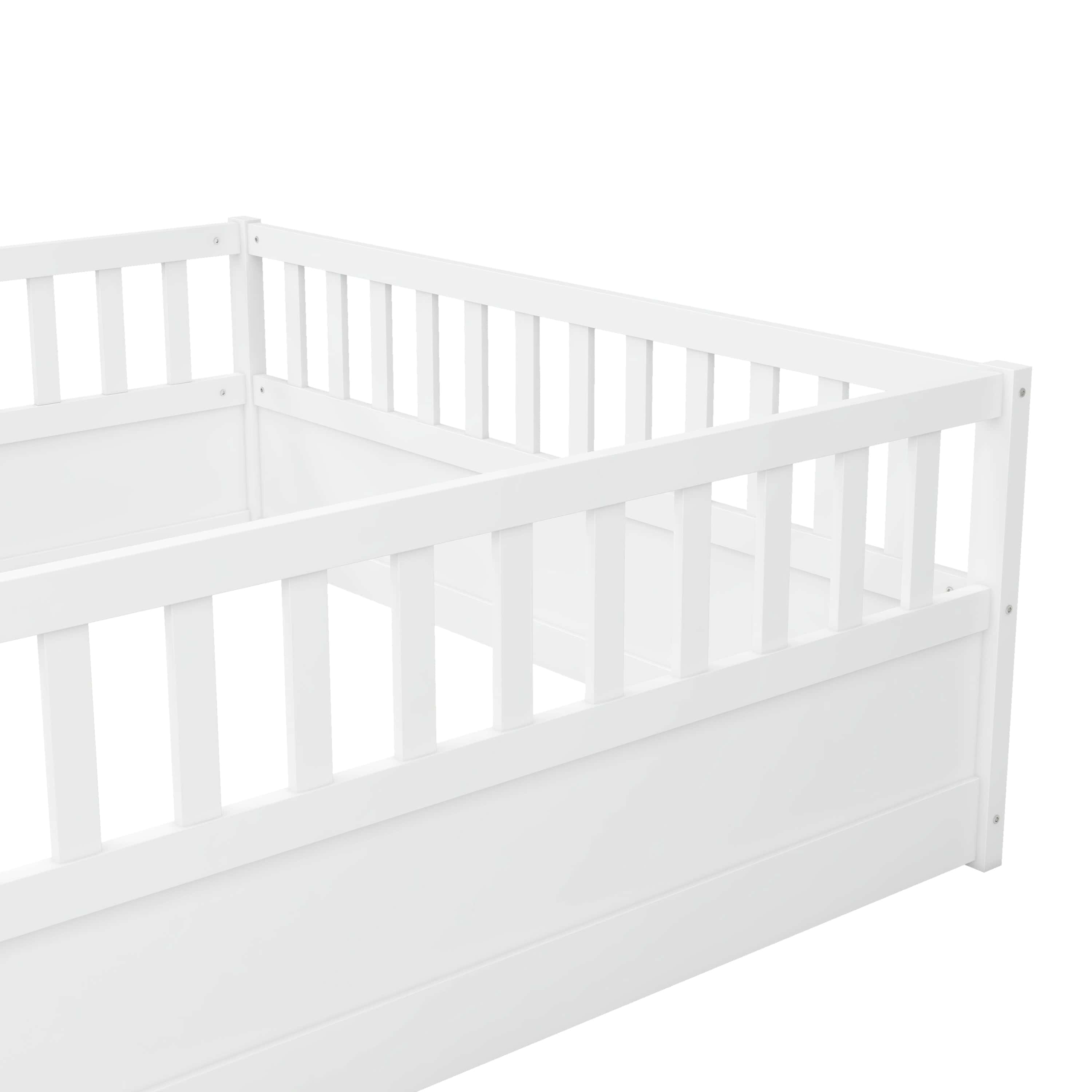 Full size Floor bed, integral construction with super high security barrier, door, children's floor bed frame, Montessori wooden children's floor bed, white