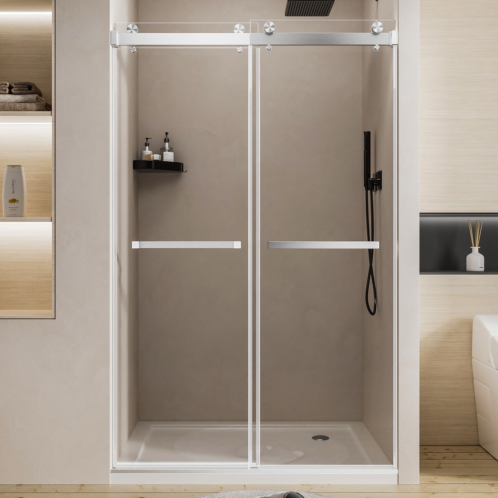 Frameless double sliding shower door 44-48 inch brushed nickel front view