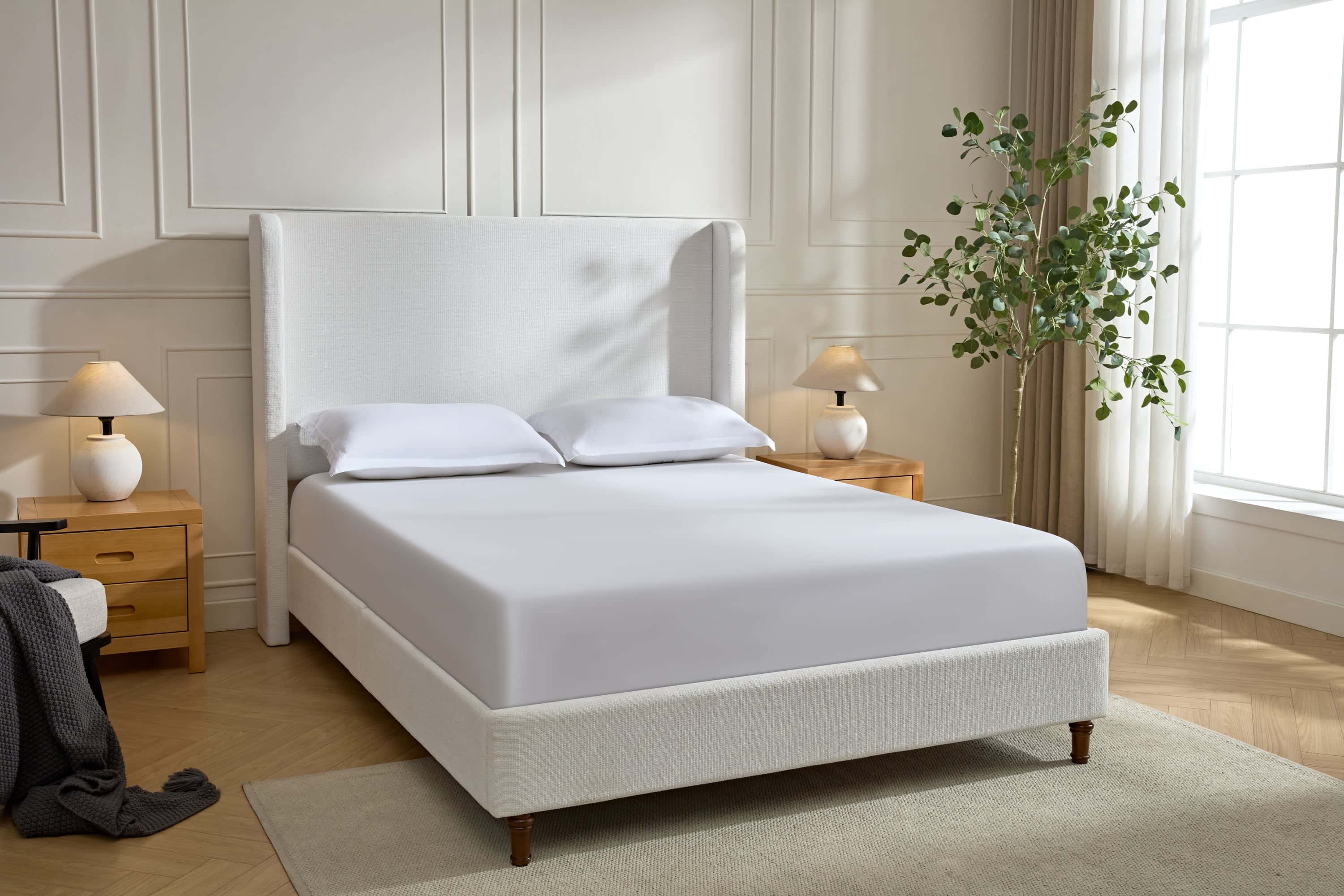 Harper Tall Headboard Upholstered Bed / 54" High Headboard / Elegant Simplicity / No Box Spring Needed / Easy Assembly / Queen / Cream White Chenille