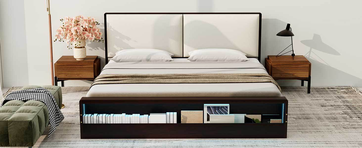 King Size Platform Bed Frame with Upholstery Headboard and Bookshelf in Footboard and LED Light Strips, Espresso