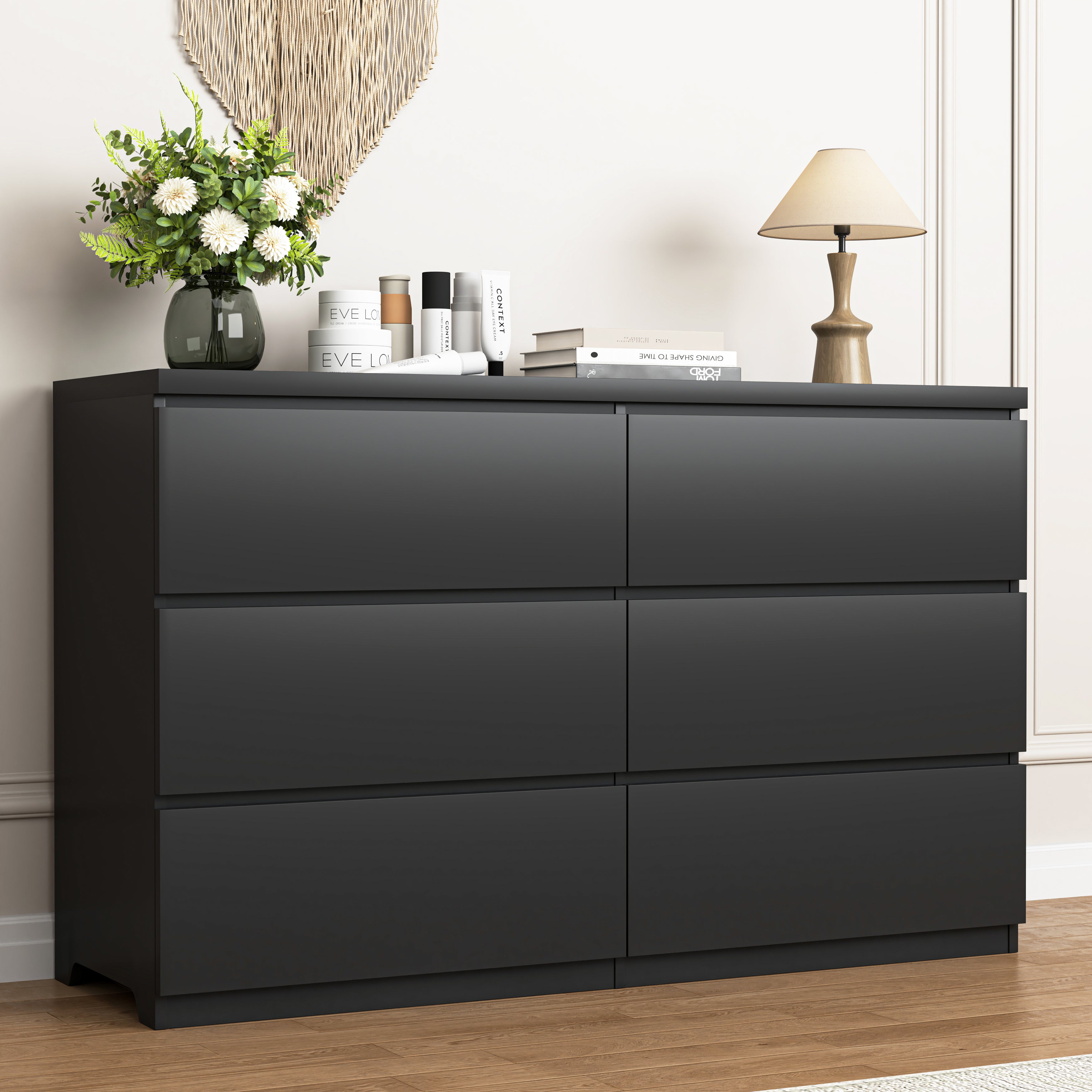 6-drawer wood dresser in bedroom setting