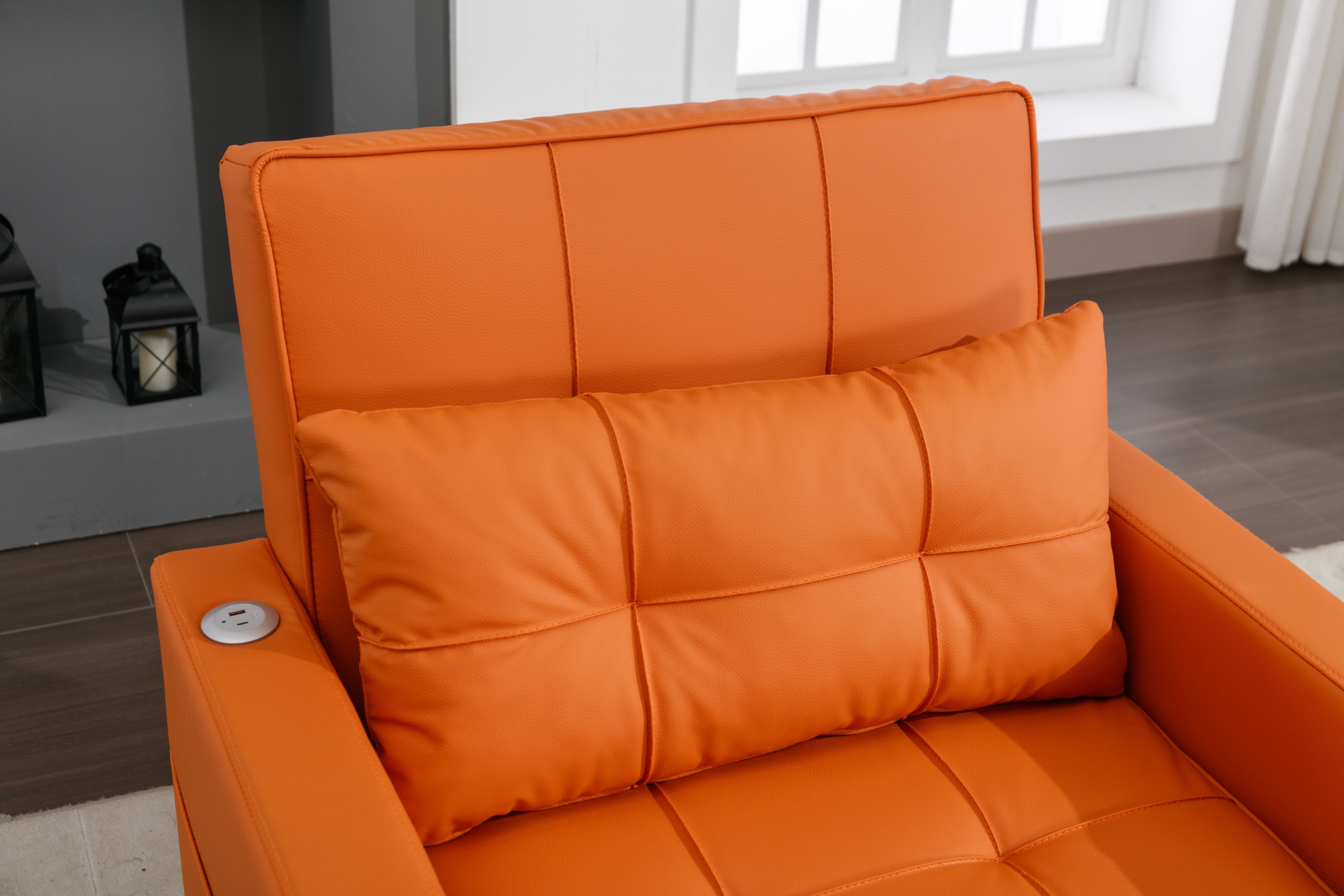Futon Chair Bed Convertible Chair 3-in-1 Pull Out Sleeper Chair Beds with USB Ports,Wear-resistant and Anti-scratch, Armchair Bed Sleeper for Living Room (Orange Leather)