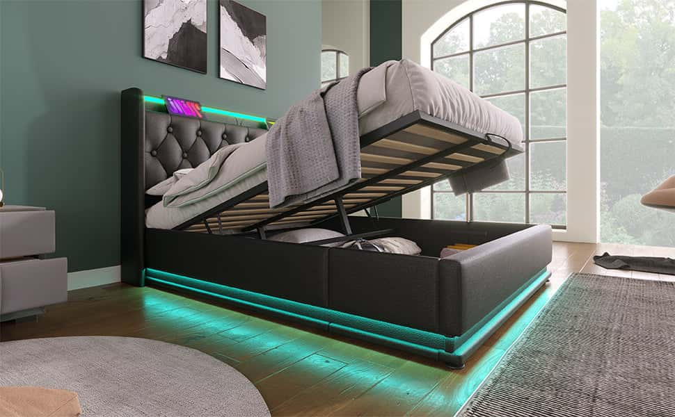 Queen size Upholstered bed, 360 surround LED function, Buttons/Apps/Remote Control, hydraulic storage bed with USB Type-C charging, Black,PU (Without mattress)