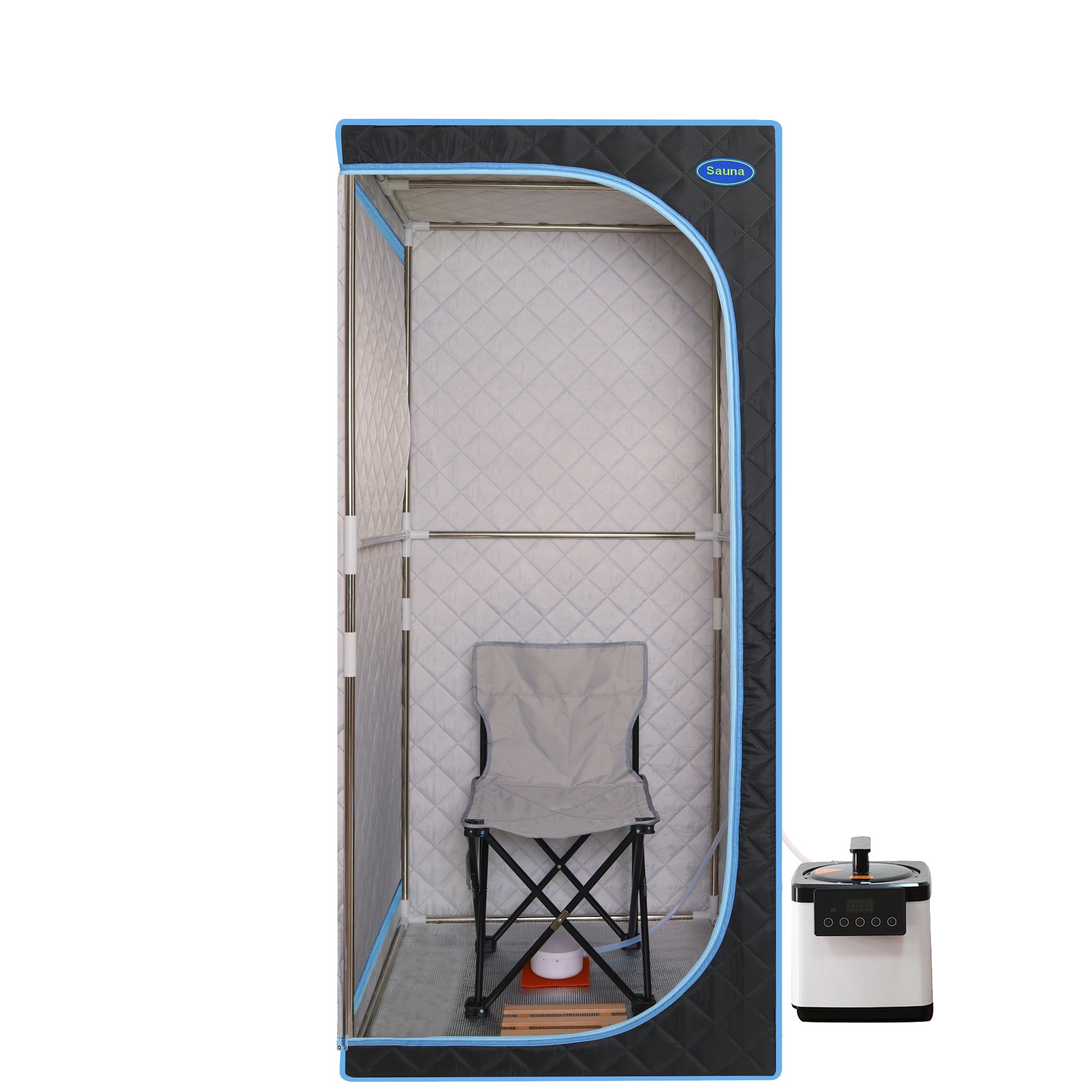 Portable Plus Type Full Size Steam Sauna tent. Spa, Detox ,Therapy and Relaxation at home.Larger Space,Stainless Steel Pipes Connector Easy to Install, with FCC Certification--Black(Blue binding)