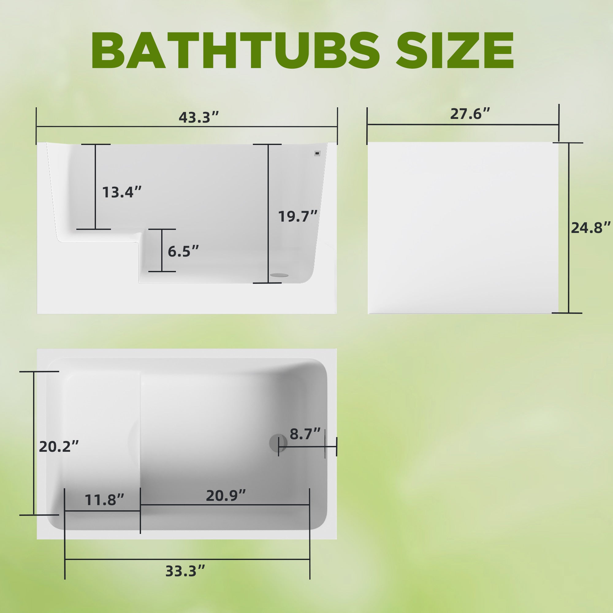 Acrylic freestanding rectangle bathtub gloss white with chrome overflow, detail view