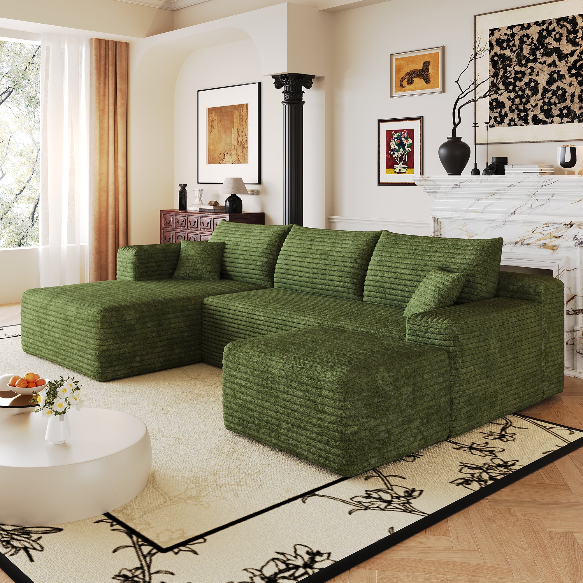 Green corduroy sectional sofa, deep seat cushion close-up detail