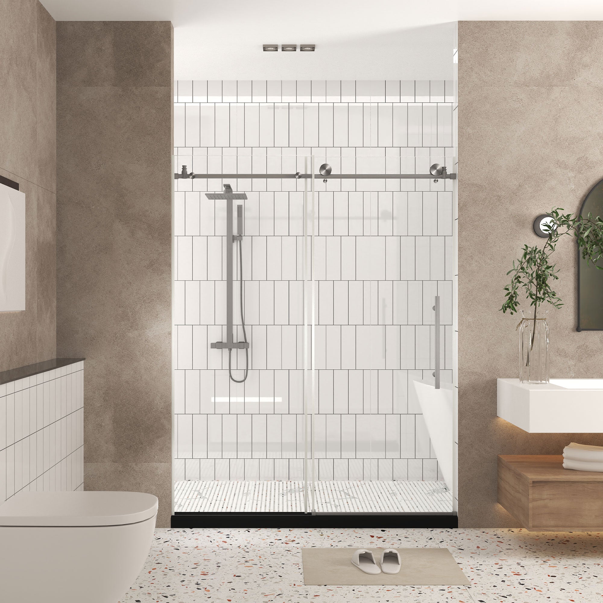 Frameless shower door 56-60 inch brushed nickel installed view