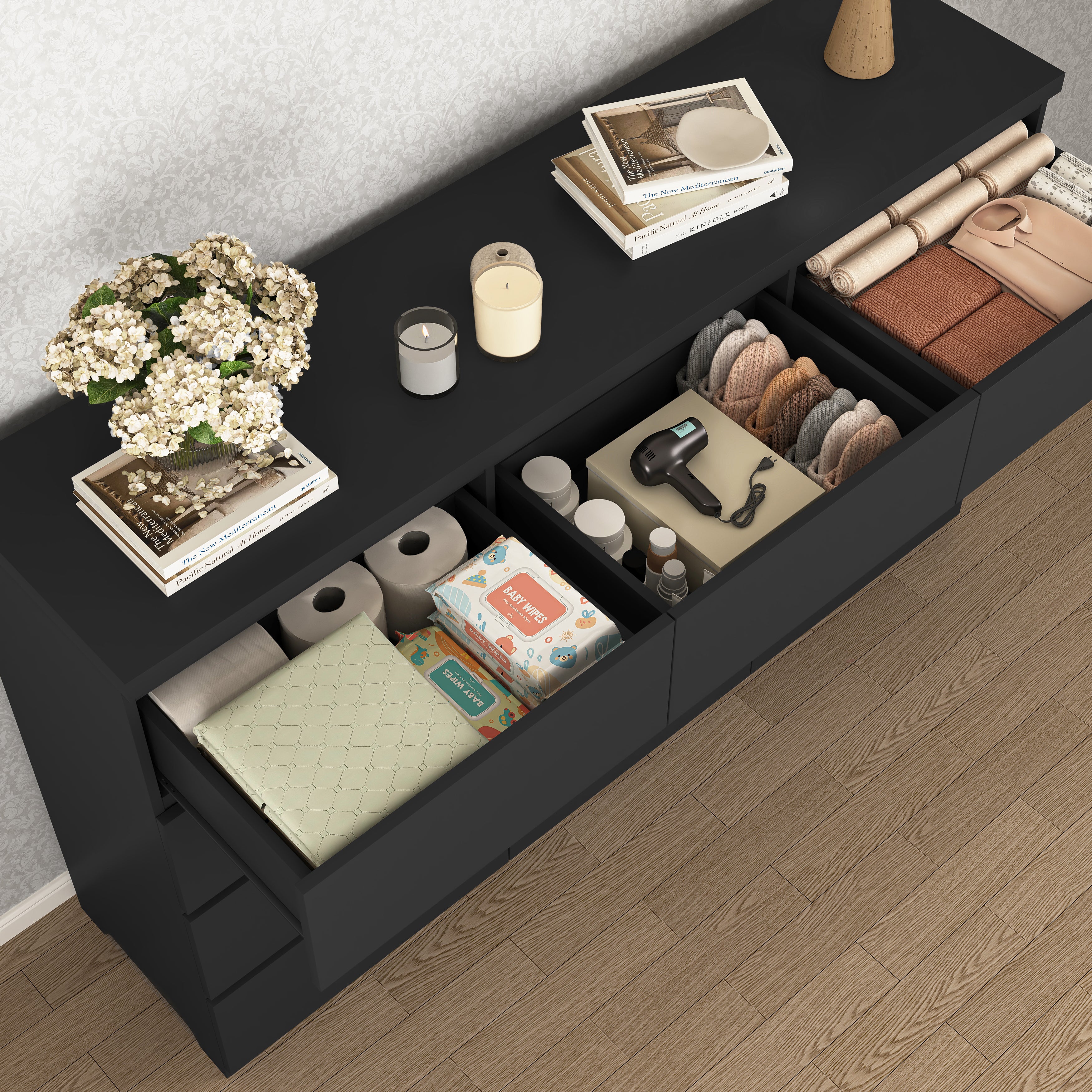 Modern black double dresser styled in a bedroom setting