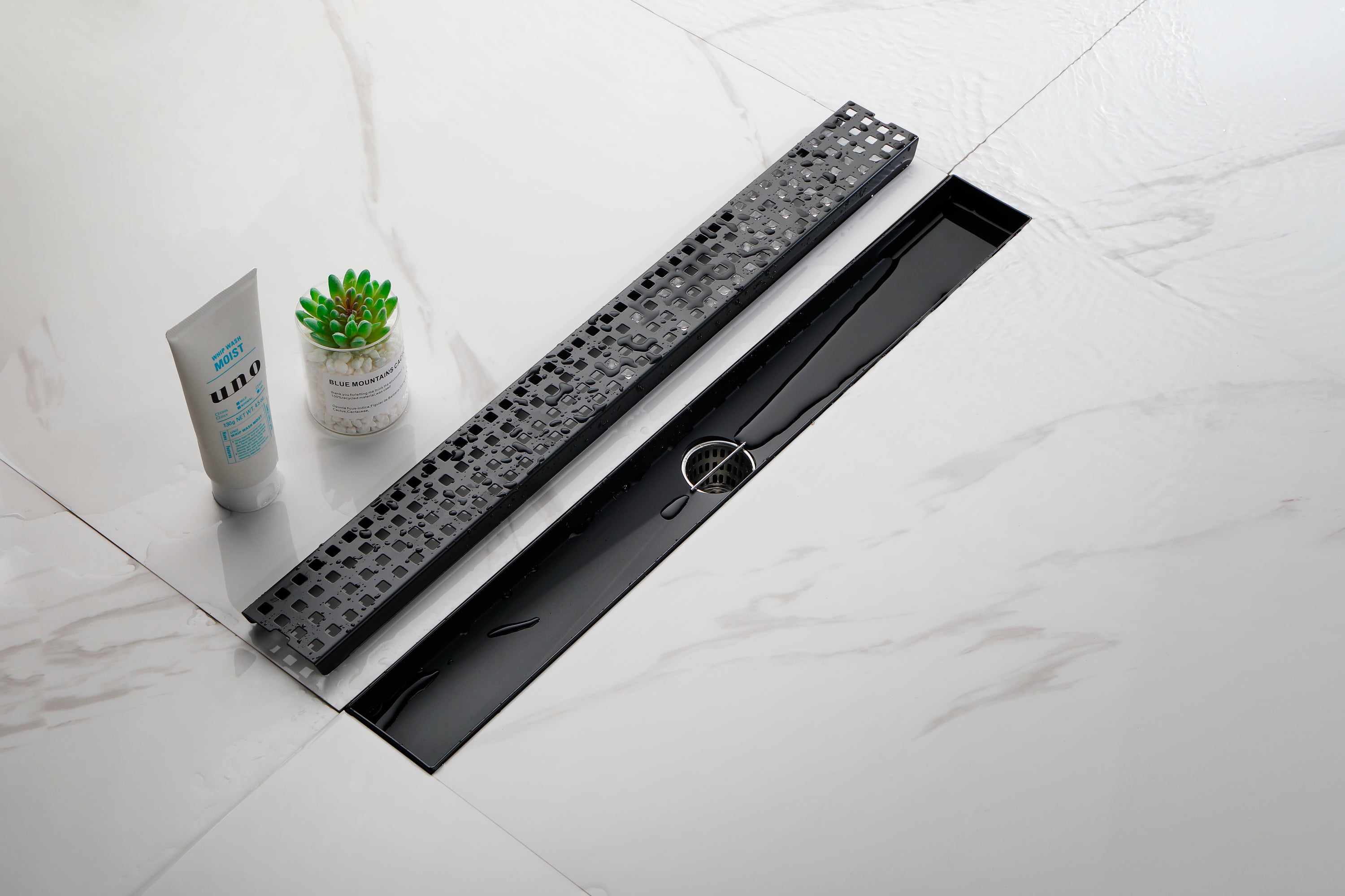 24 Inches Linear Shower Drain with Removable Quadrato Pattern Grate, 304 Stainless Shower Drain Included Hair Strainer and Leveling Feet, Flange