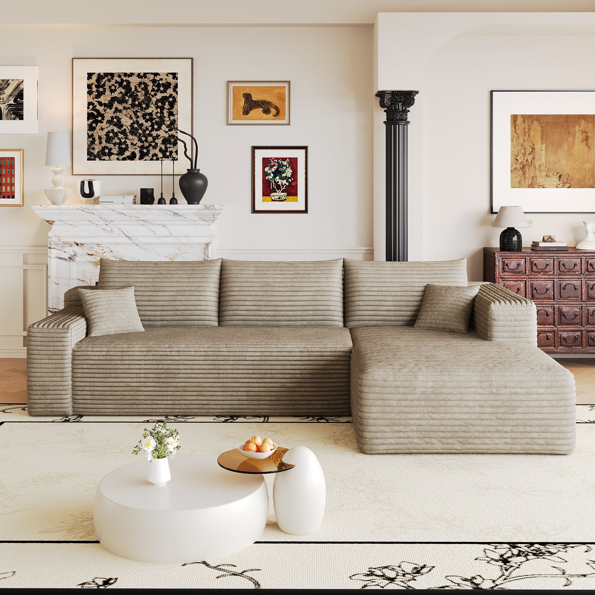 Camel corduroy L-shaped sectional sofa deep-seat cushion close-up