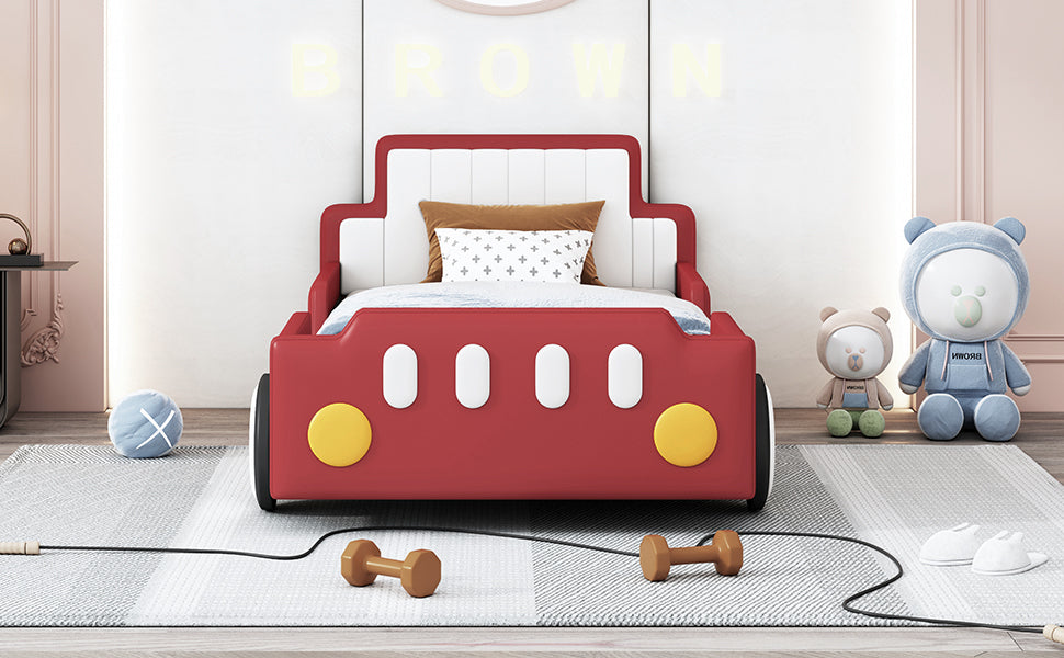 Twin Size Race Car-Shaped Platform Bed with Wheels,Red