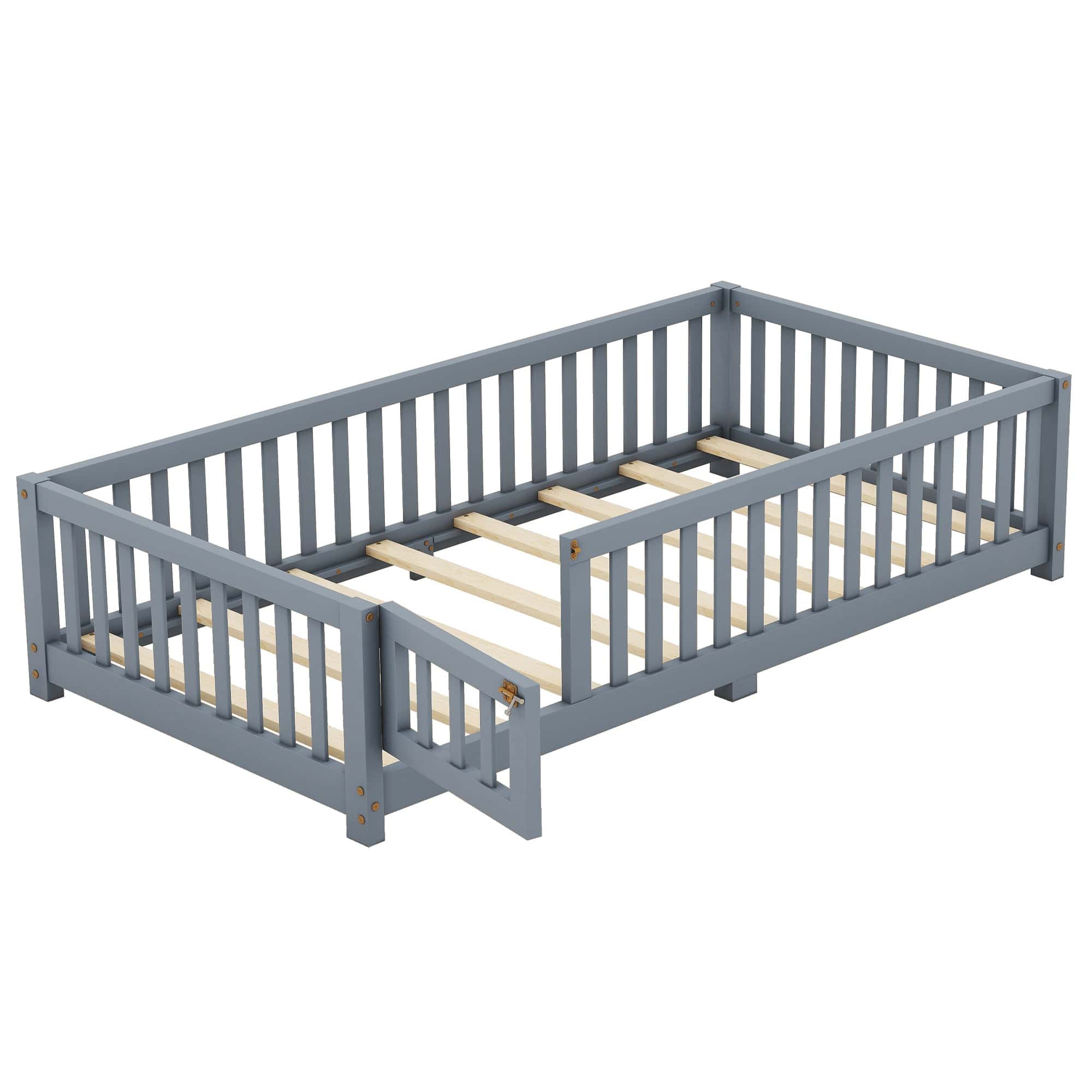 Twin Size Bed Floor Bed with Safety Guardrails and Door for Kids, Gray(Old SKU: W158090685)