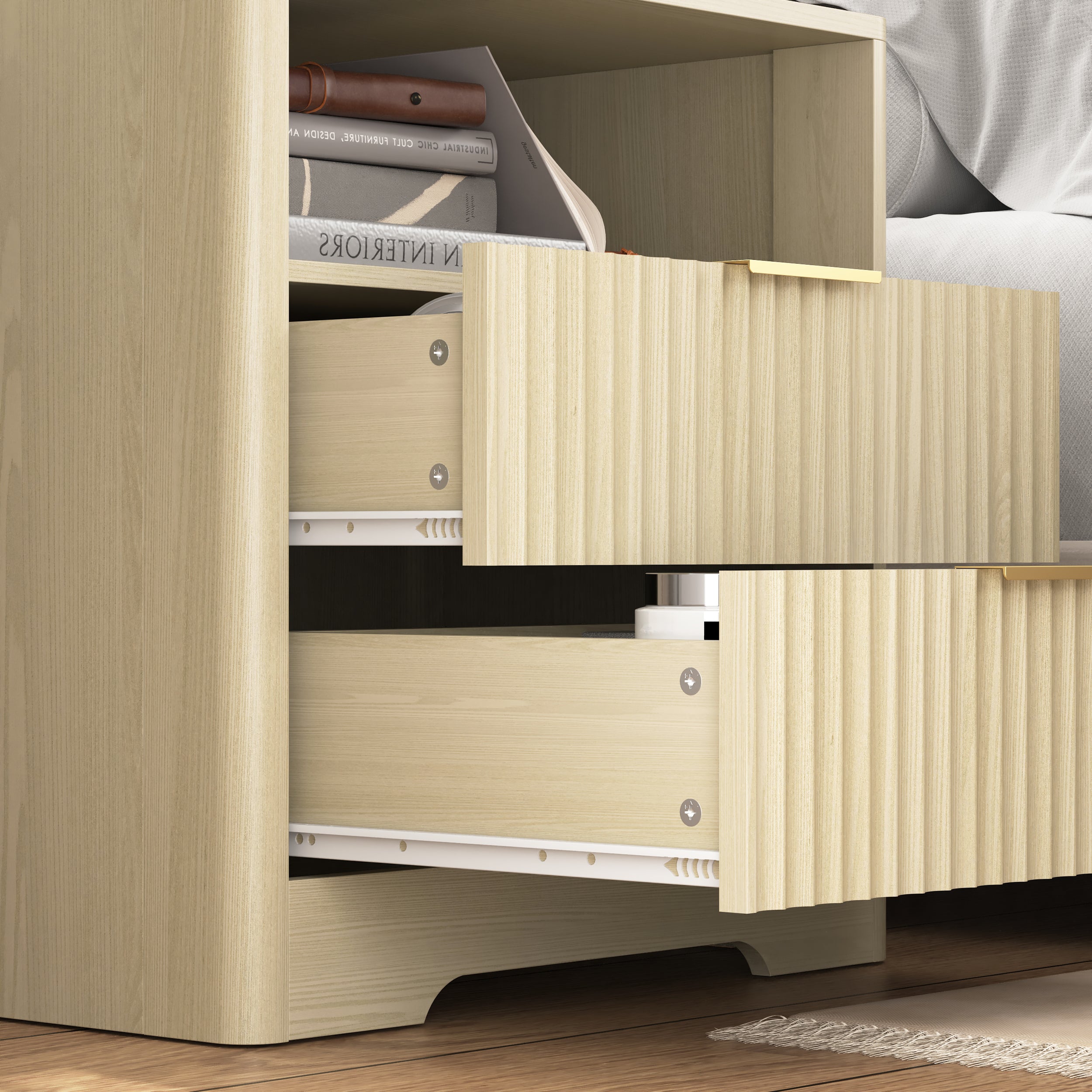 Wood nightstand with charging station and night light styled beside bed, room view