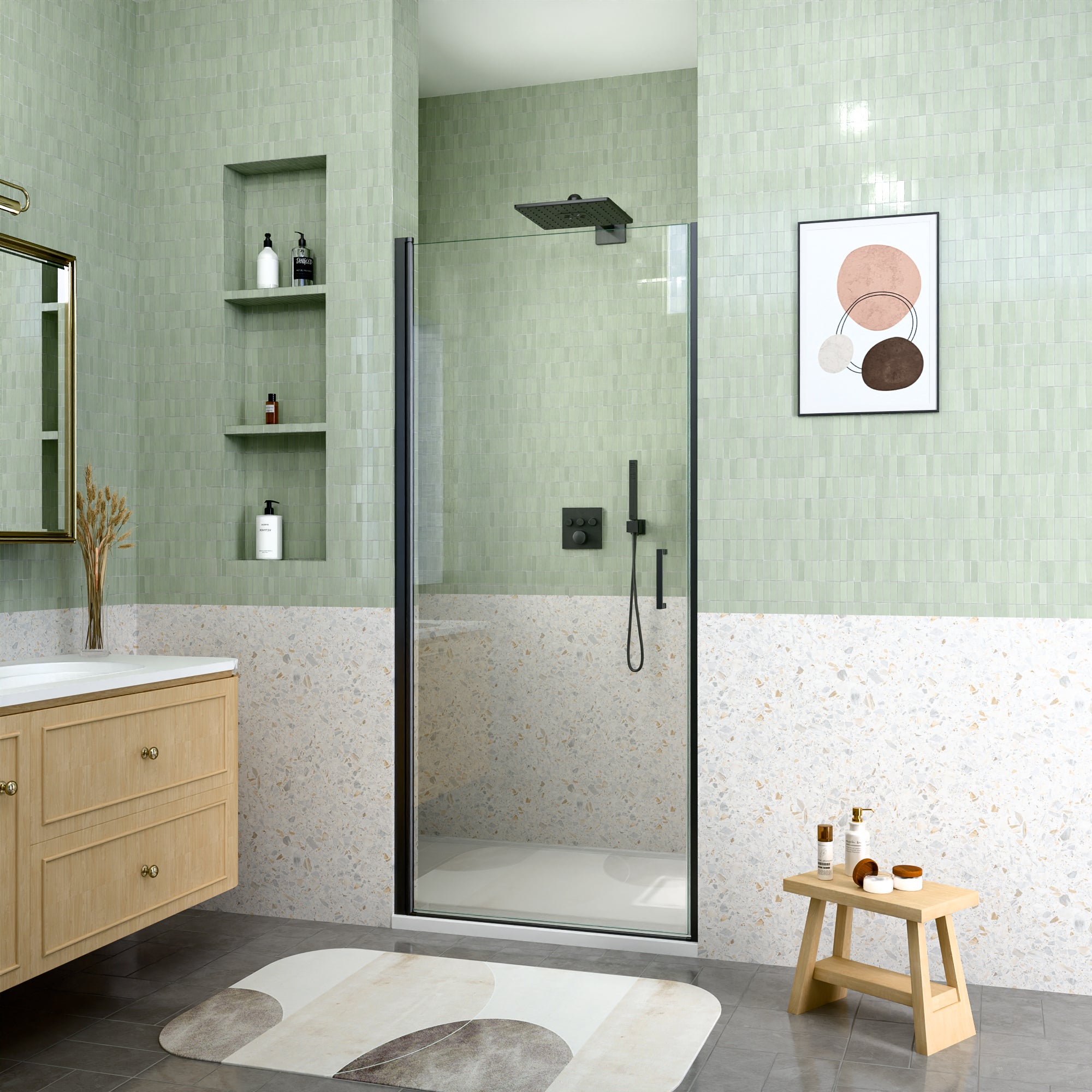 Semi-frameless pivot shower door matte black glass detail