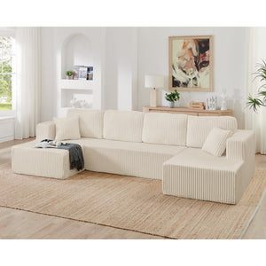 U-shape modular sectional sleeper sofa in beige corduroy, full front view