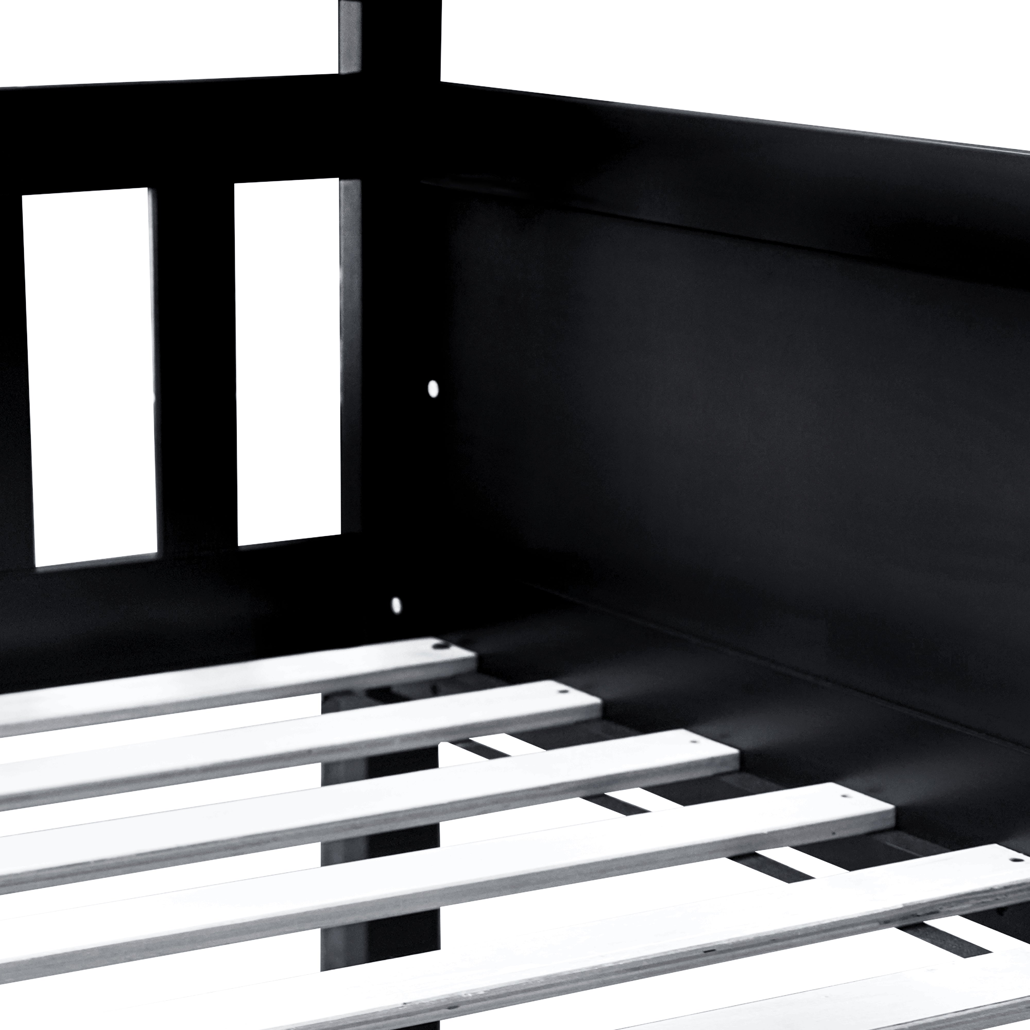 Twin triple bunk bed, black finish, angled view with ladders and guardrails