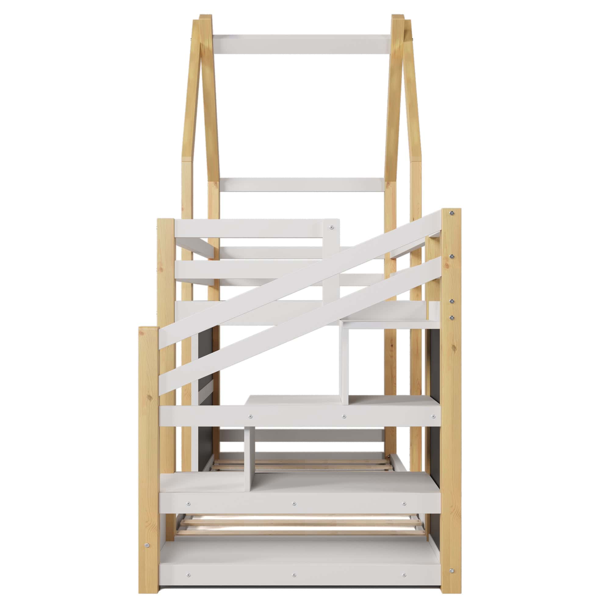 Twin over Twin House Bunk Bed with White Storage Staircase and 2 Blackboards, White and Natural