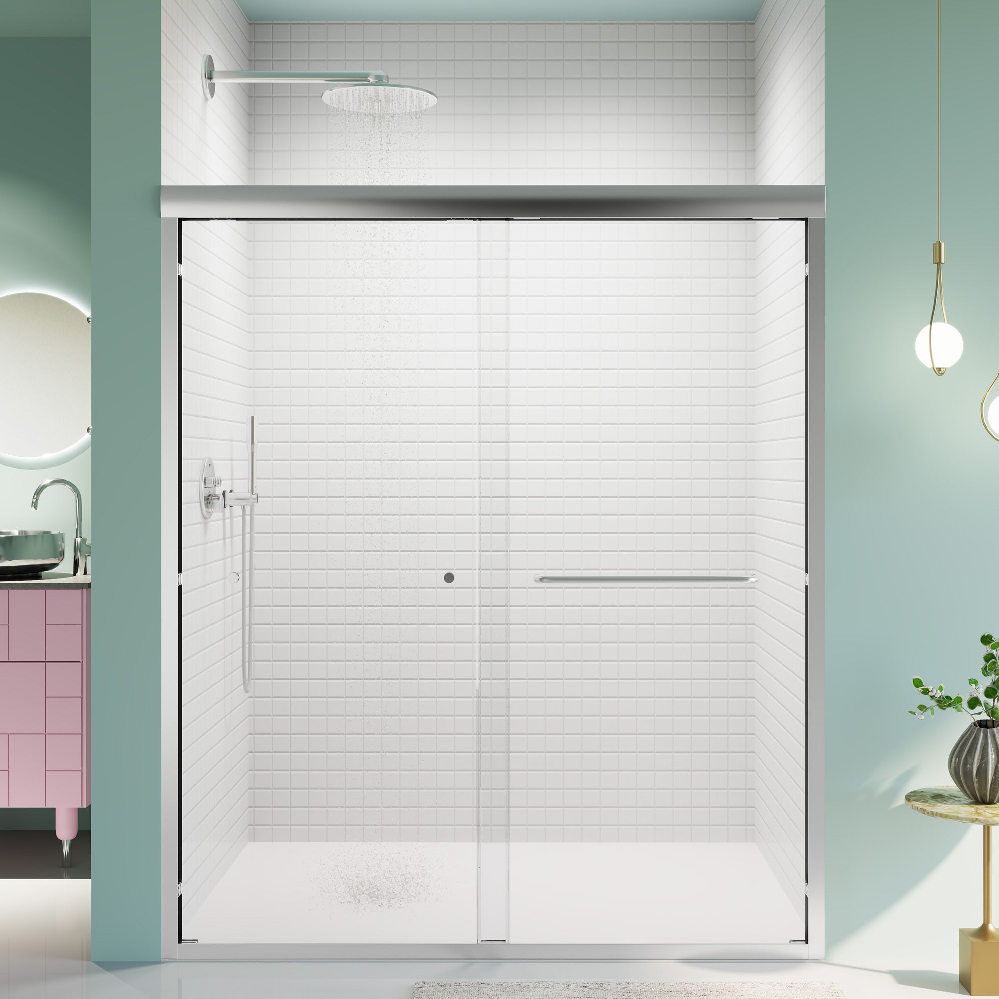 56"-60"W*70" H Semi-Frameless Double Sliding Shower Door, Bypass Shower Door, 1/4" (6mm) Thick SGCC Tempered Glass Door, Chrome