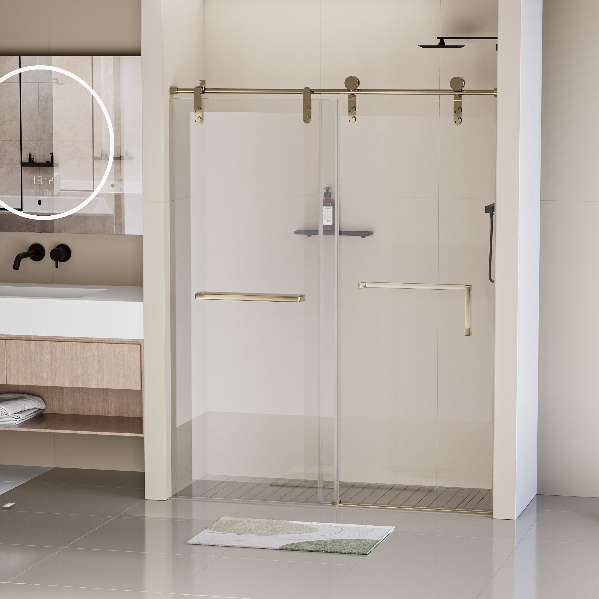 56-60 in. W x 76 in. H Frameless Shower Door, Single Sliding Shower Door, 5/16" (8mm) Clear Tempered Glass Shower Door with Explosion-Proof Film, Stainless Steel Hardware, Gold 24D210-60G-COMBO