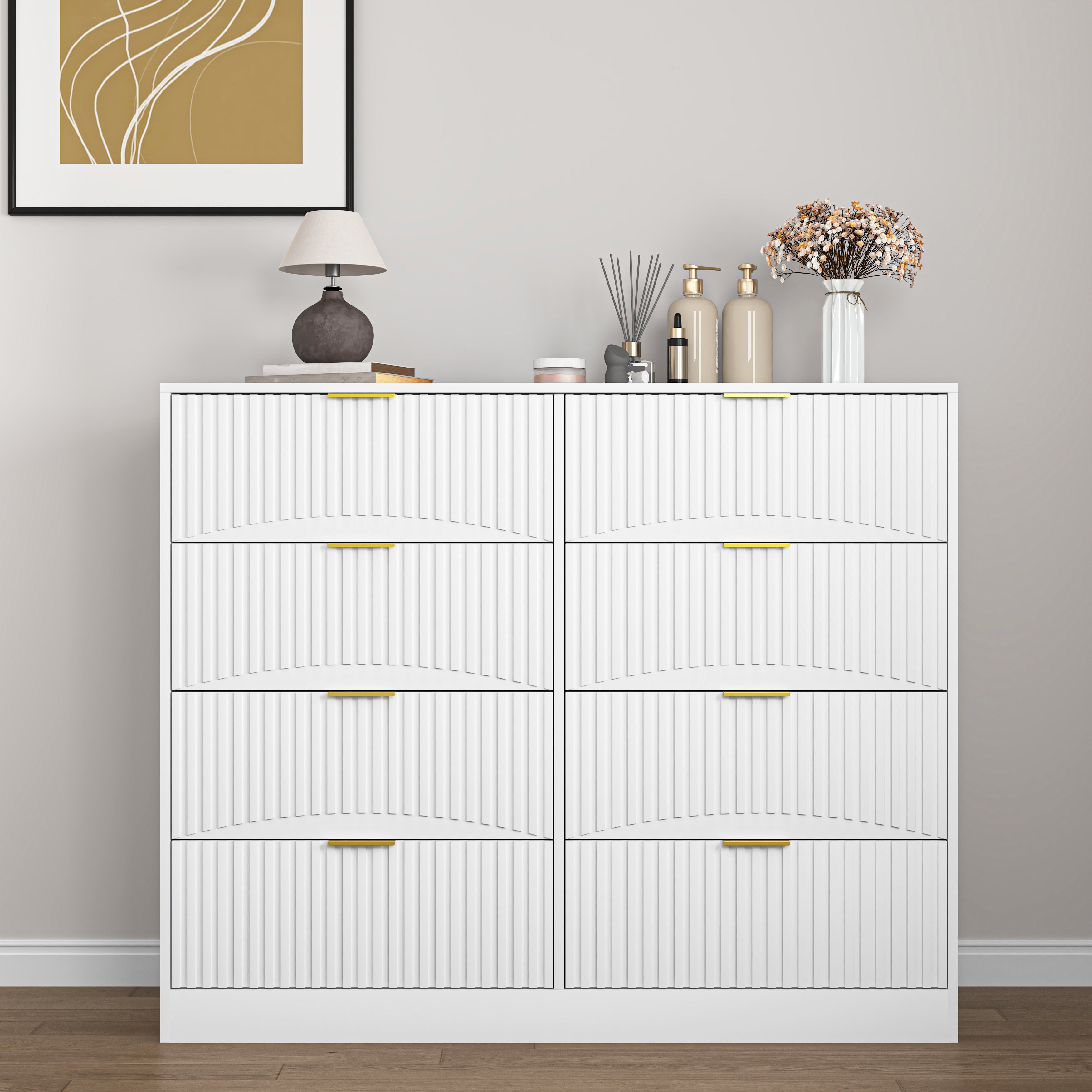 White 8-drawer wood dresser 47.2 inch wide with gold handles, front view