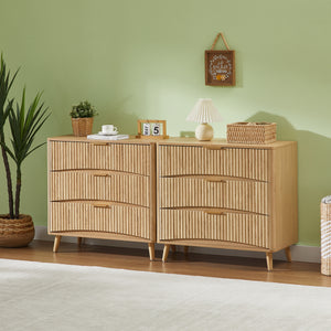 Fluted 3-drawer tall dresser set of 2 in oak finish, front view