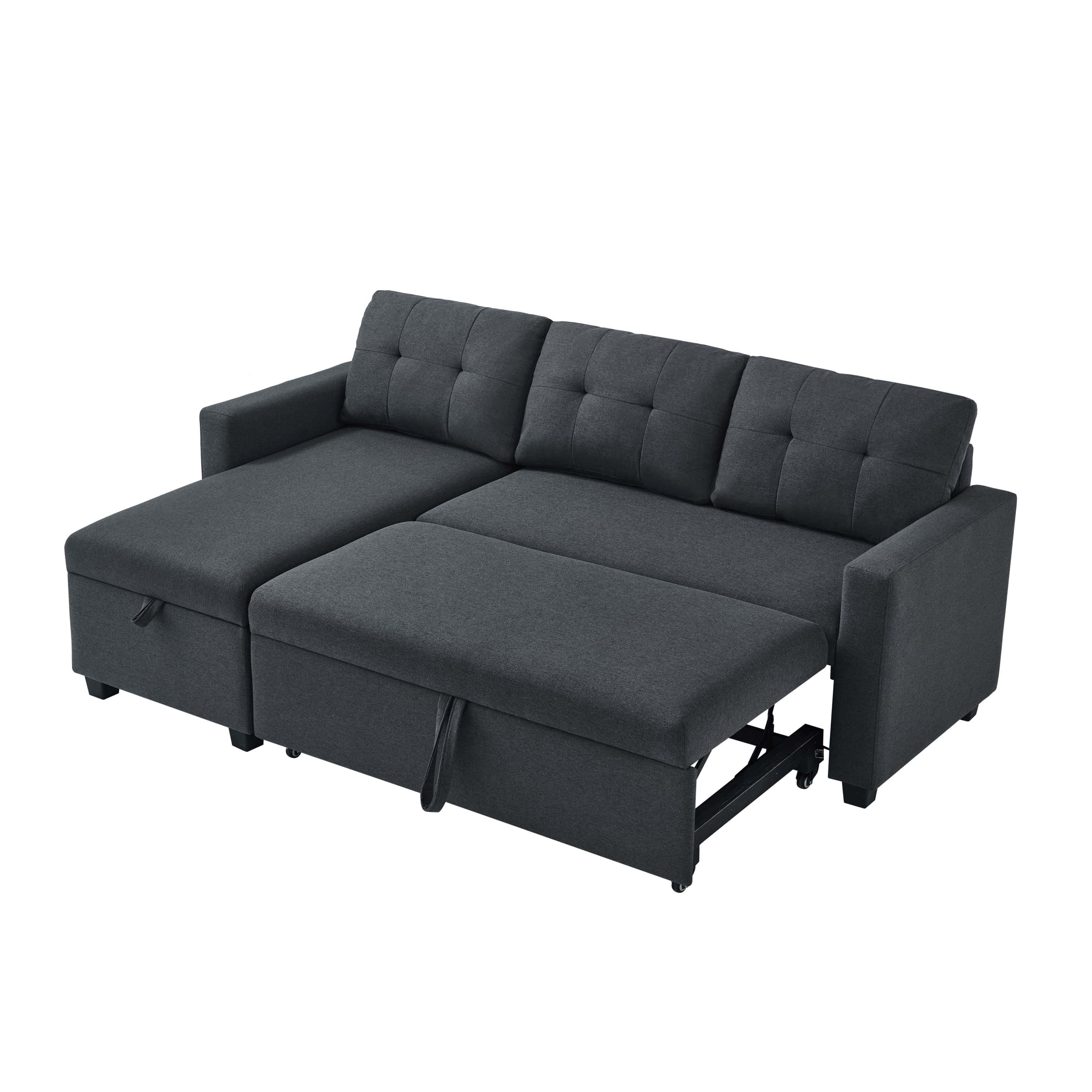Upholstered Pull Out Sectional Sofa with Storage Chaise, Convertible Corner Couch, Dark Grey