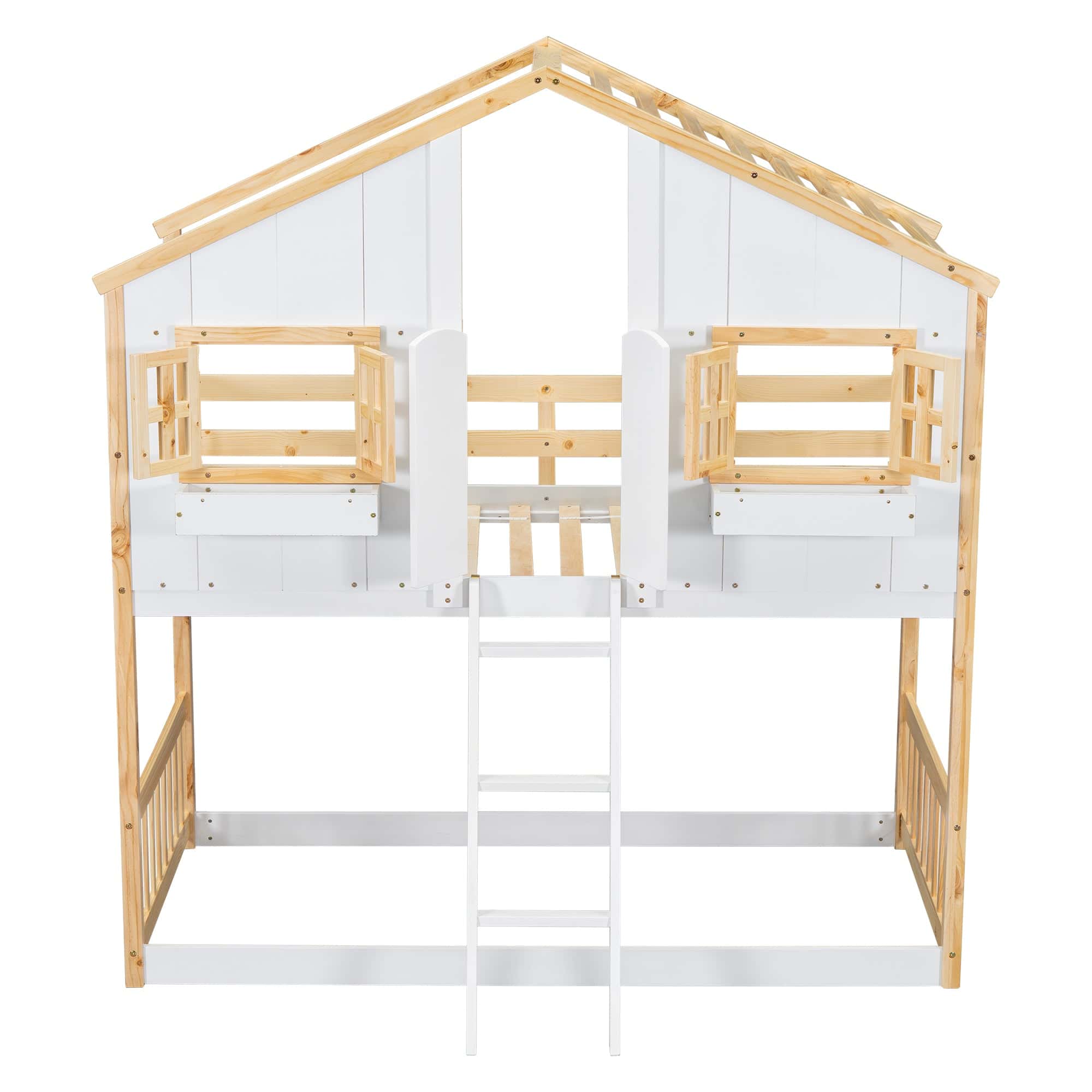 Twin over Twin House Bunk Bed with Roof , Window, Window  Box, Door , with Safety Guardrails and Ladder, Natural/White