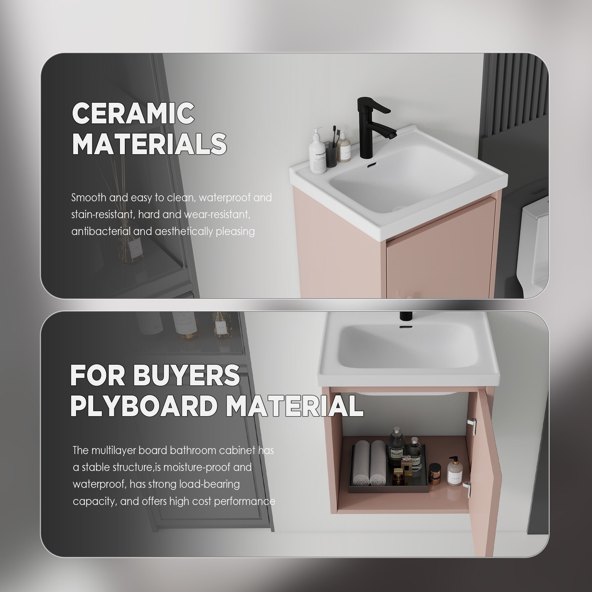 Pink wall-mounted plywood vanity cabinet with ceramic sink, angled view