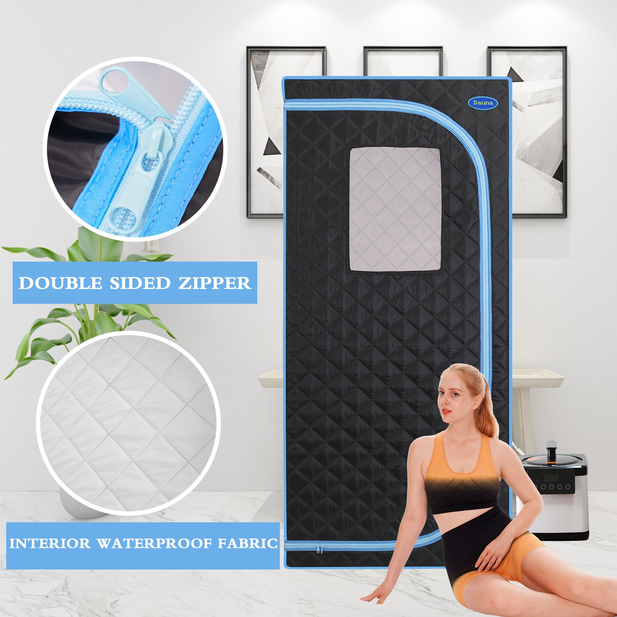 Portable Plus Type Full Size Steam Sauna tent. Spa, Detox ,Therapy and Relaxation at home.Larger Space,Stainless Steel Pipes Connector Easy to Install, with FCC Certification--Black(Blue binding)
