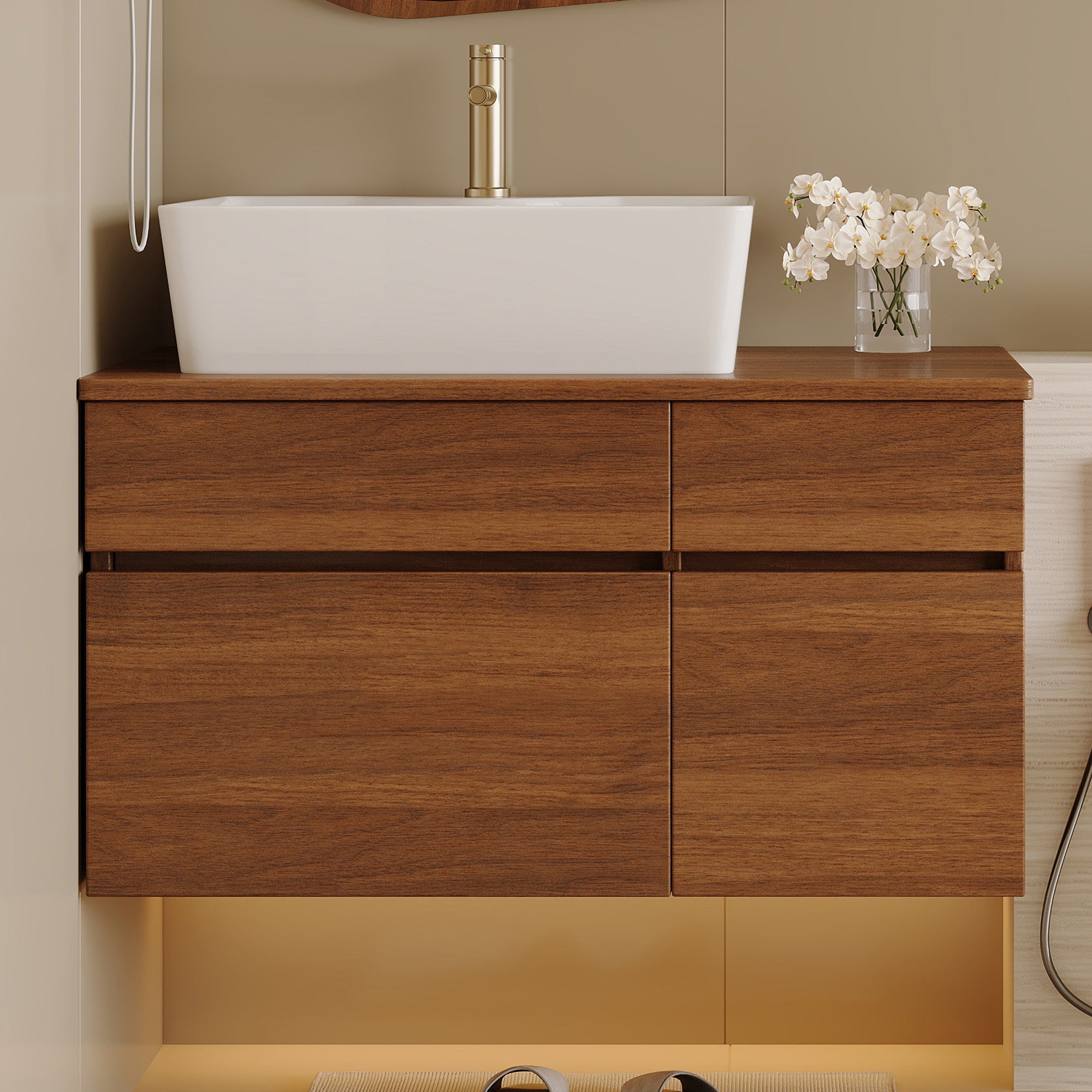 Compact wall-mounted bathroom vanity with integrated sink, angled view