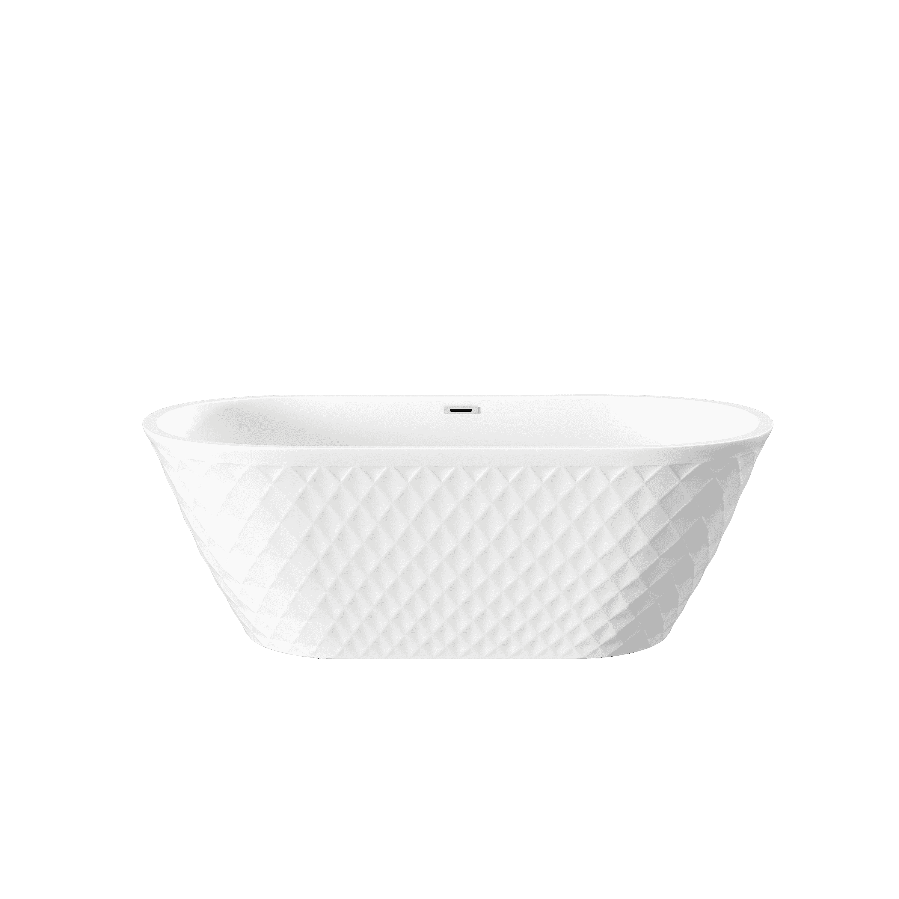 67'' acrylic freestanding bathtub with unique diamond pattern design: spacious oval shape,  Gloss white finish, Chrome overflow and pop-up drain CUPC Certificate