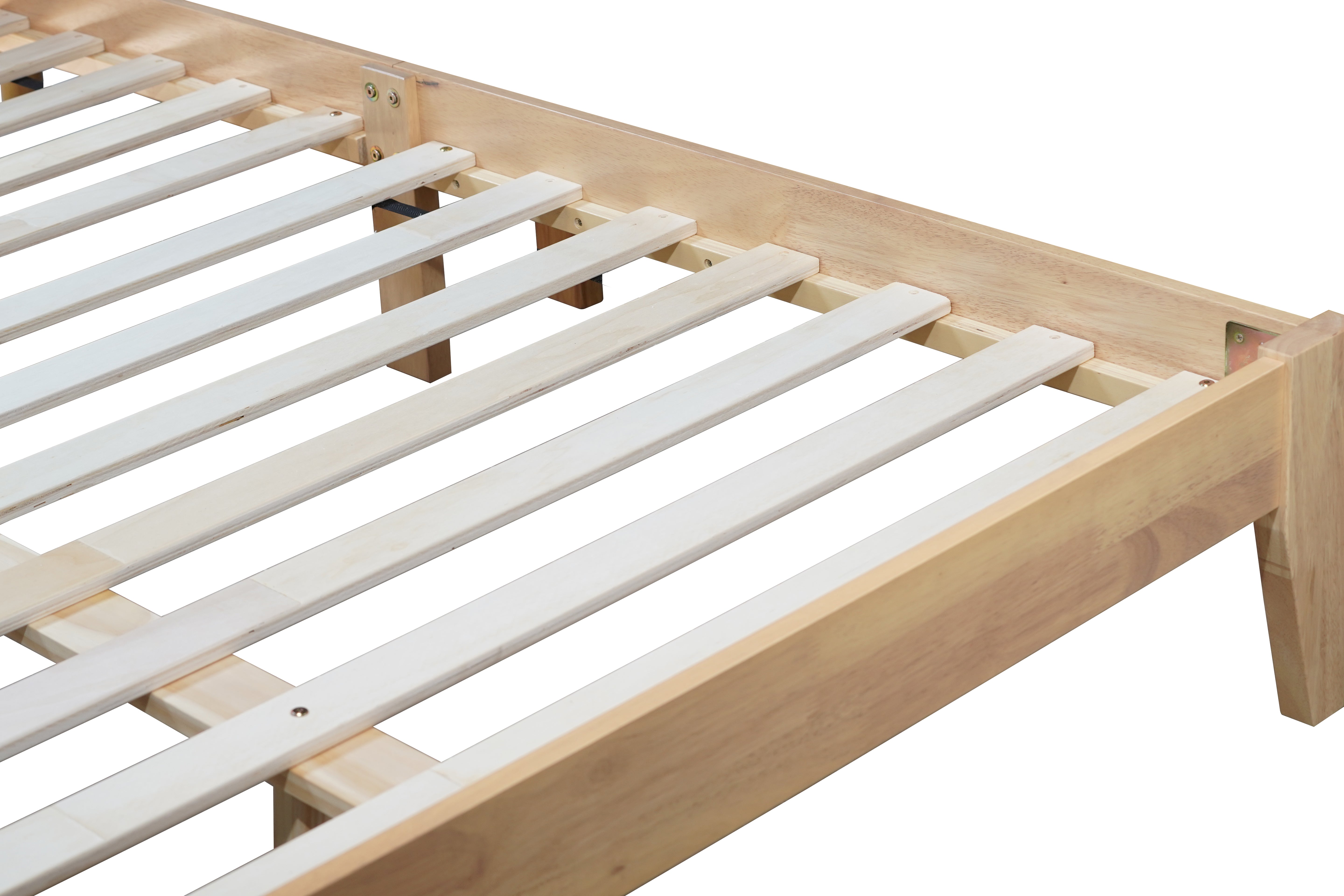 Queen natural rubberwood bed with woven rattan headboard, angled view
