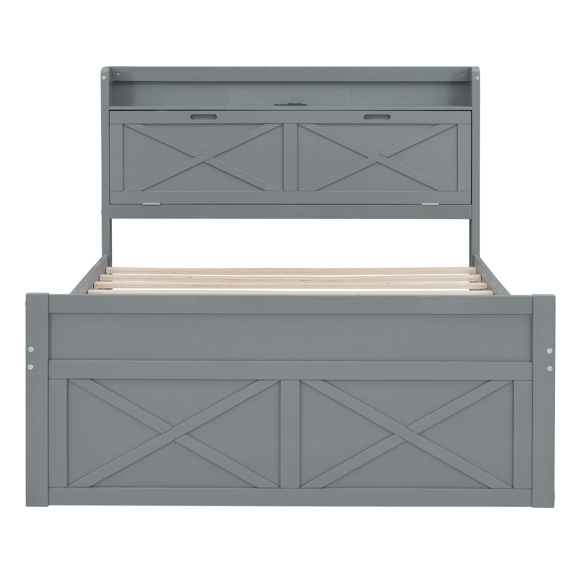 Full Size Wooden Bed with Storage Headboard with Outlets, Extendable Bed with Twin Size Trundle with Three Storage Drawers,Gray