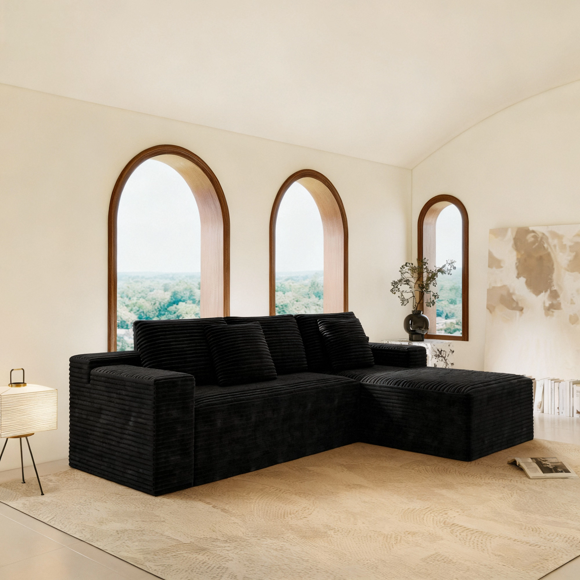 Black corduroy modular sofa, fabric texture detail