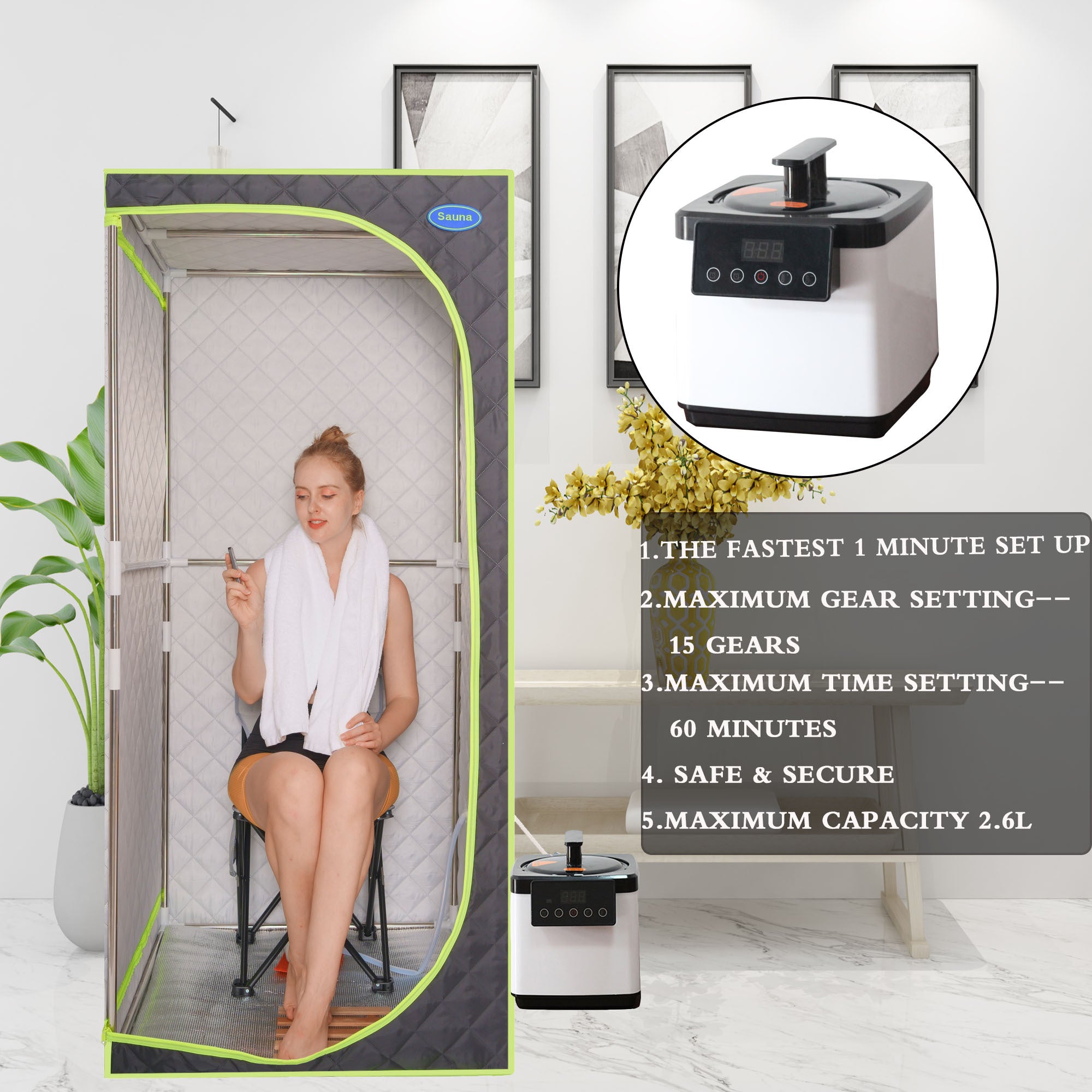 Portable Plus Type Full Size Steam Sauna tent. Spa, Detox ,Therapy and Relaxation at home.Larger Space,Stainless Steel Pipes Connector Easy to Install, with FCC Certification--Black(Green binding)