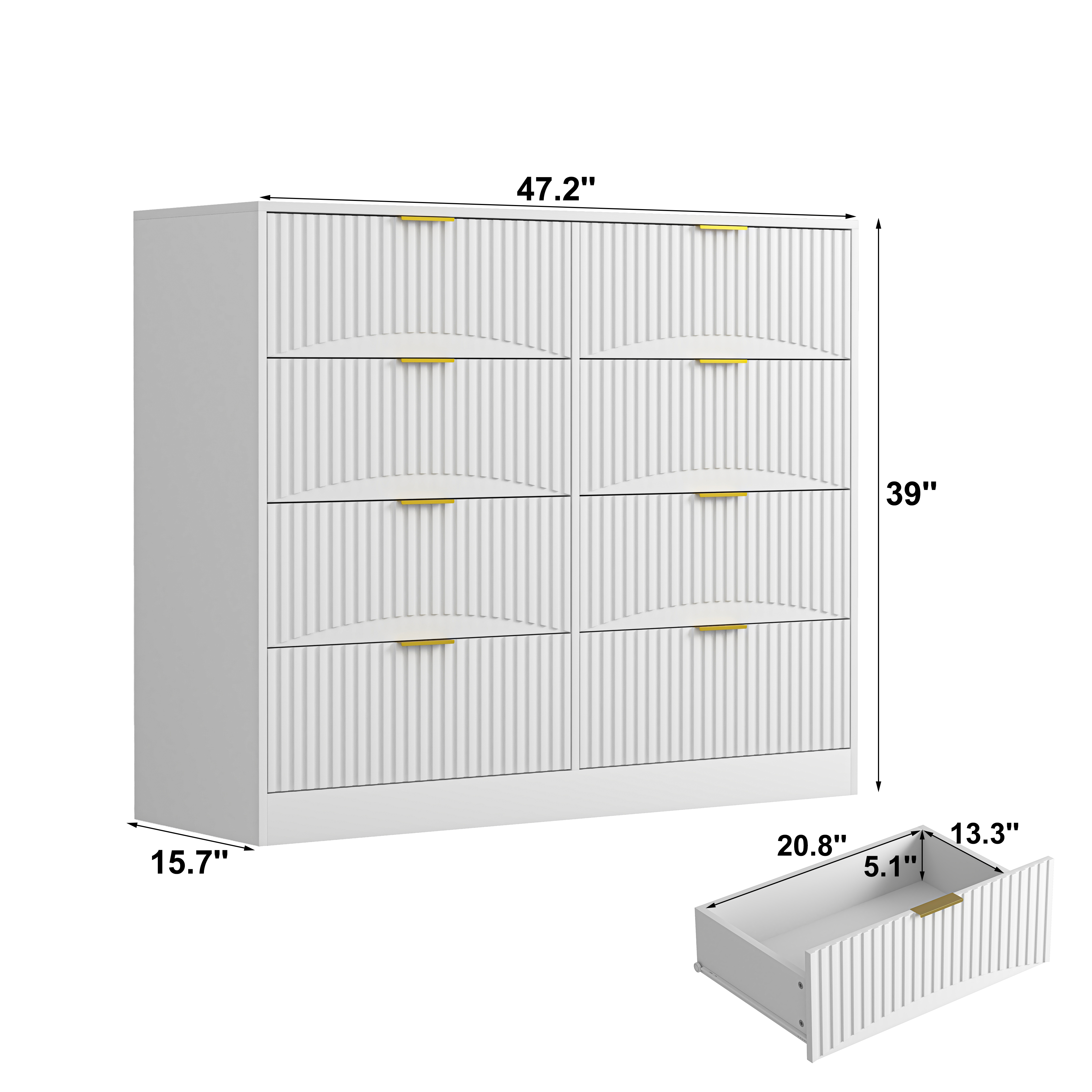 White modern 8-drawer wood chest of drawers with gold metal handles, angled view