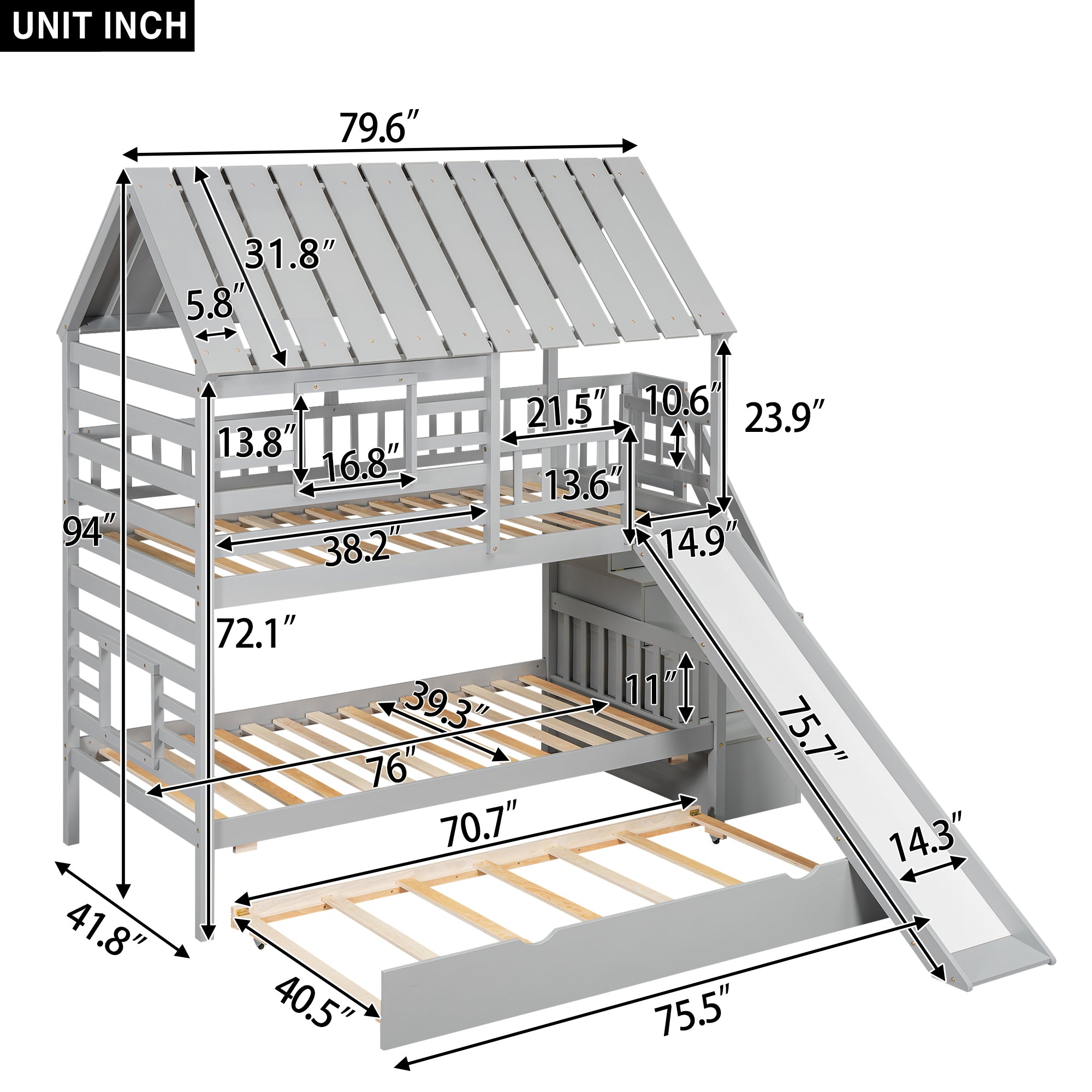 Twin trundle pulled out beneath gray house bunk bed