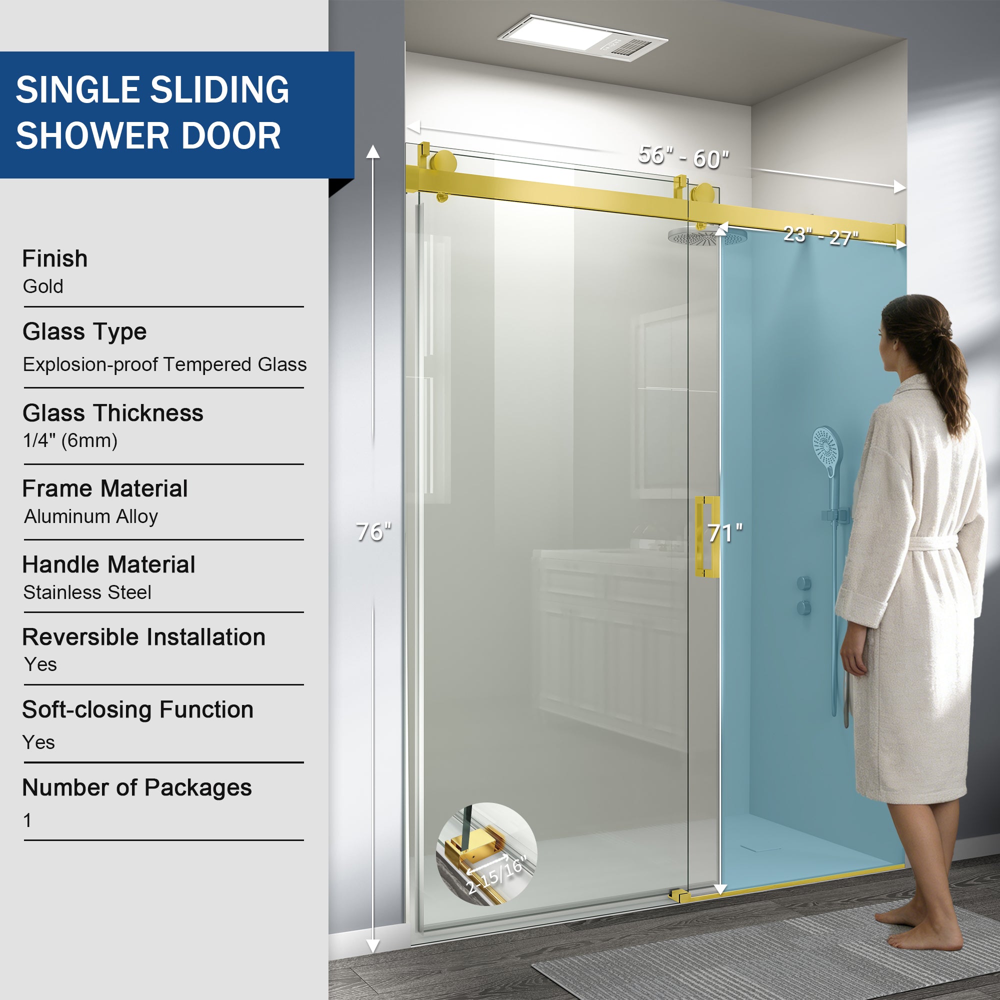 Frameless sliding shower door 56 to 60 inch gold finish installed view