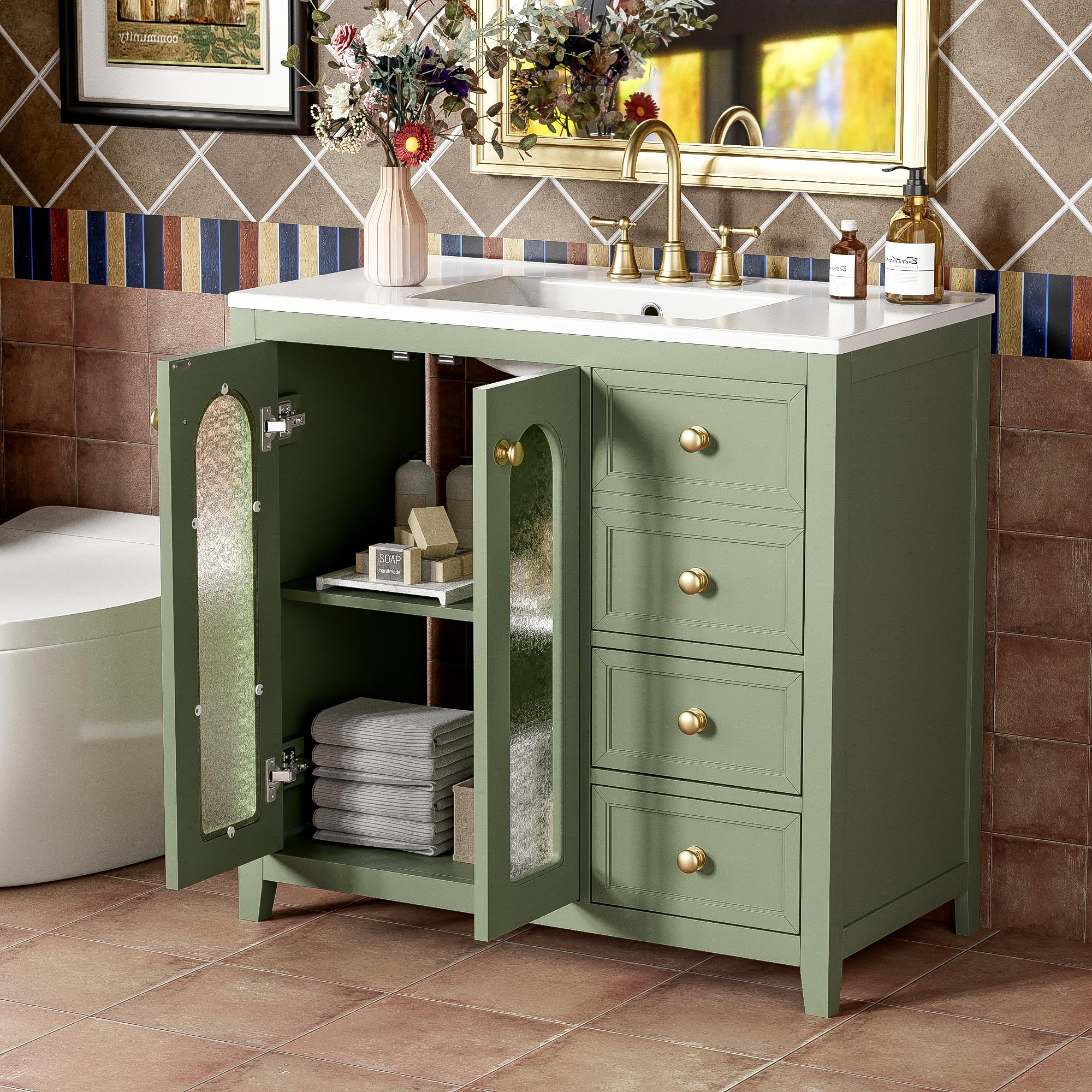 36-inch bathroom vanity with two soft close doors, adjustable shelves and three drawers