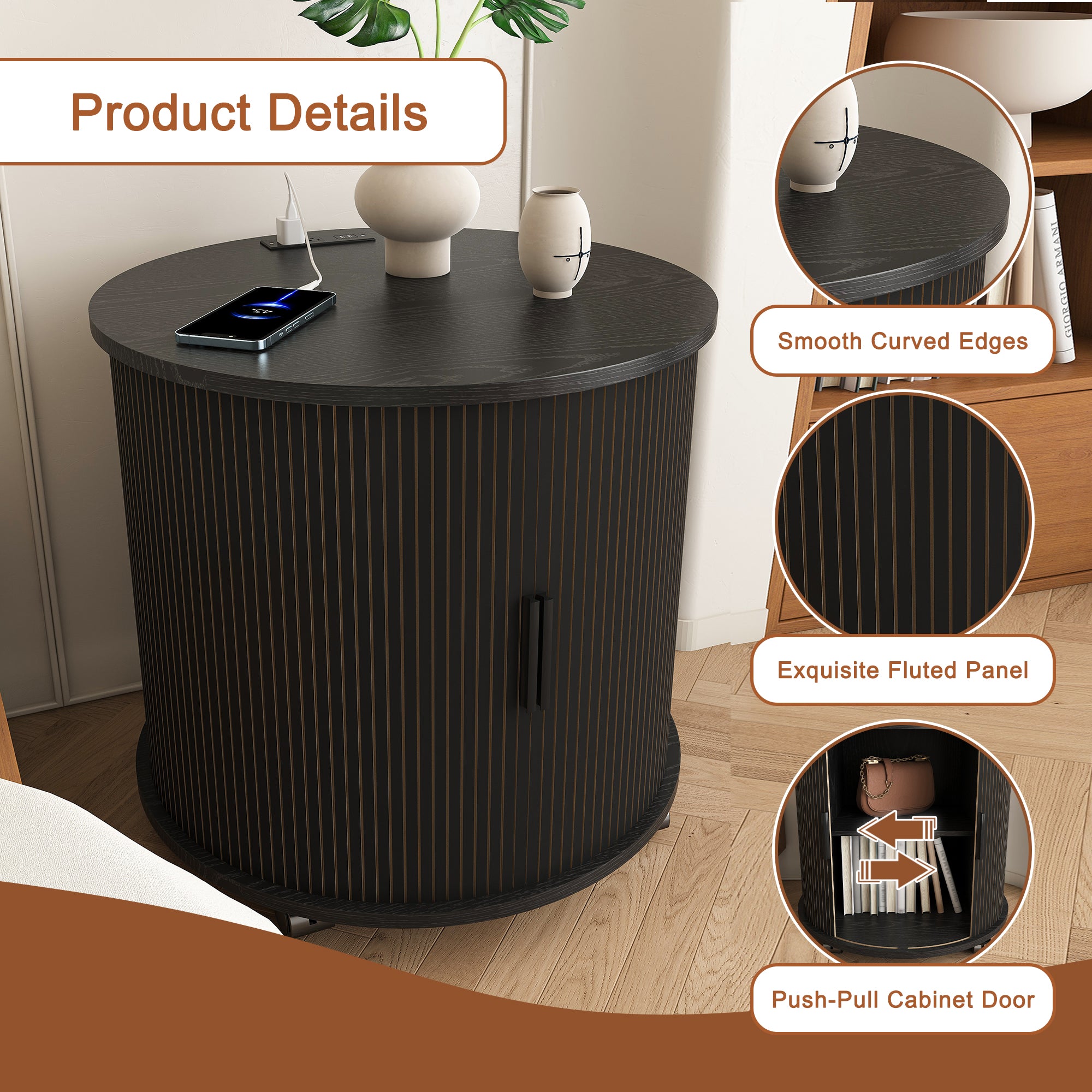 Black round nightstand with sliding door closed angle view
