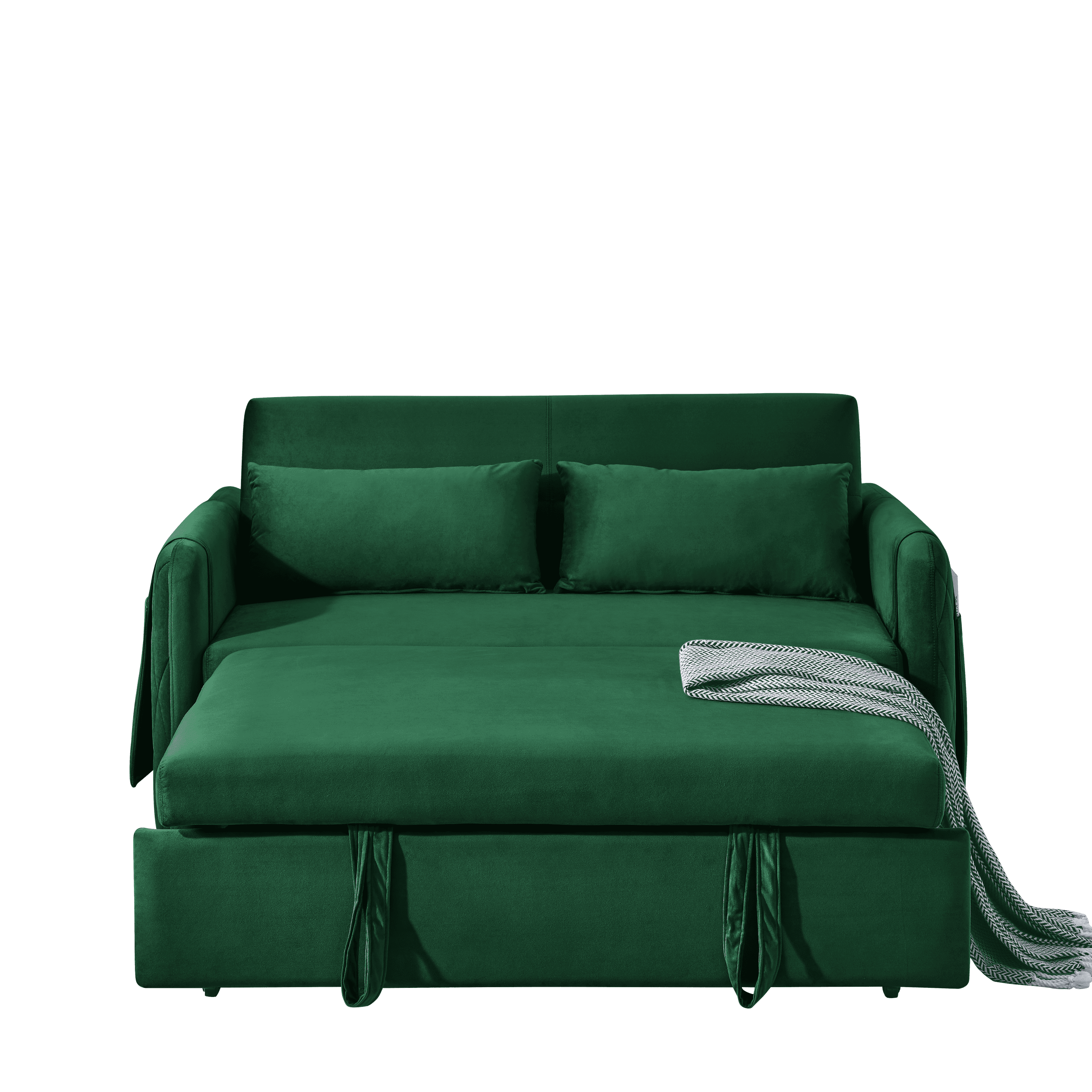 55" Modern Convertible Sofa Bed with 2 Detachable Arm Pockets, Velvet Loveseat Sofa with Pull Out Bed, 2 Pillows and Living Room Adjustable Backrest, Grid Design Armrests