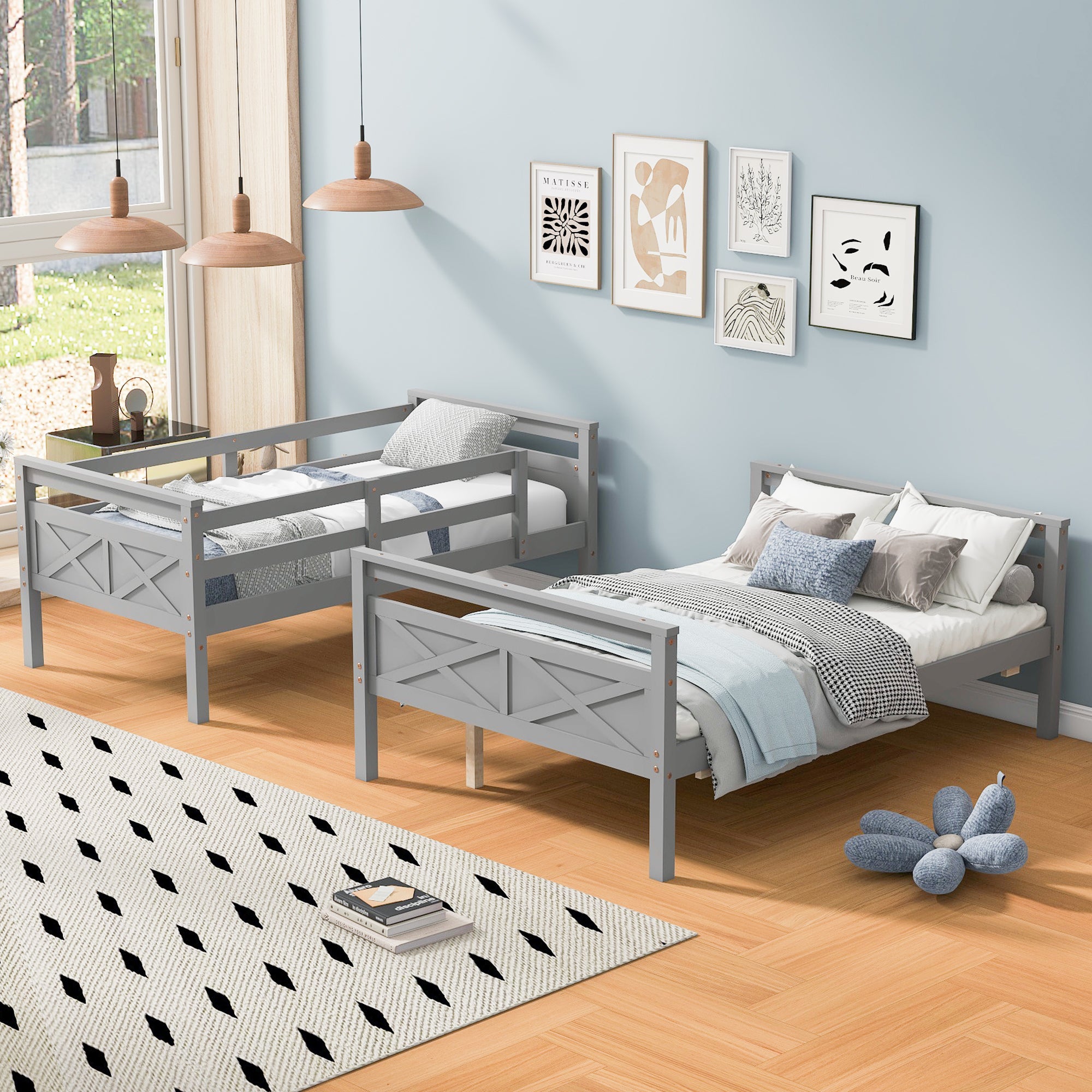 Twin and full beds separated from bunk configuration