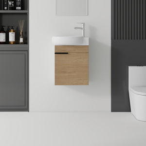 16 inch floating bathroom vanity in oak finish with ceramic sink, front view